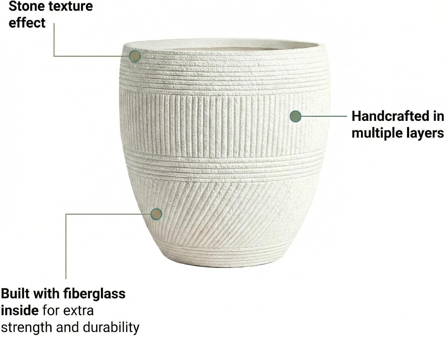 15" Textured Drum Planter - Handmade Fiberglass Composite | Handmade textured drum fiberglass composite with a drainage