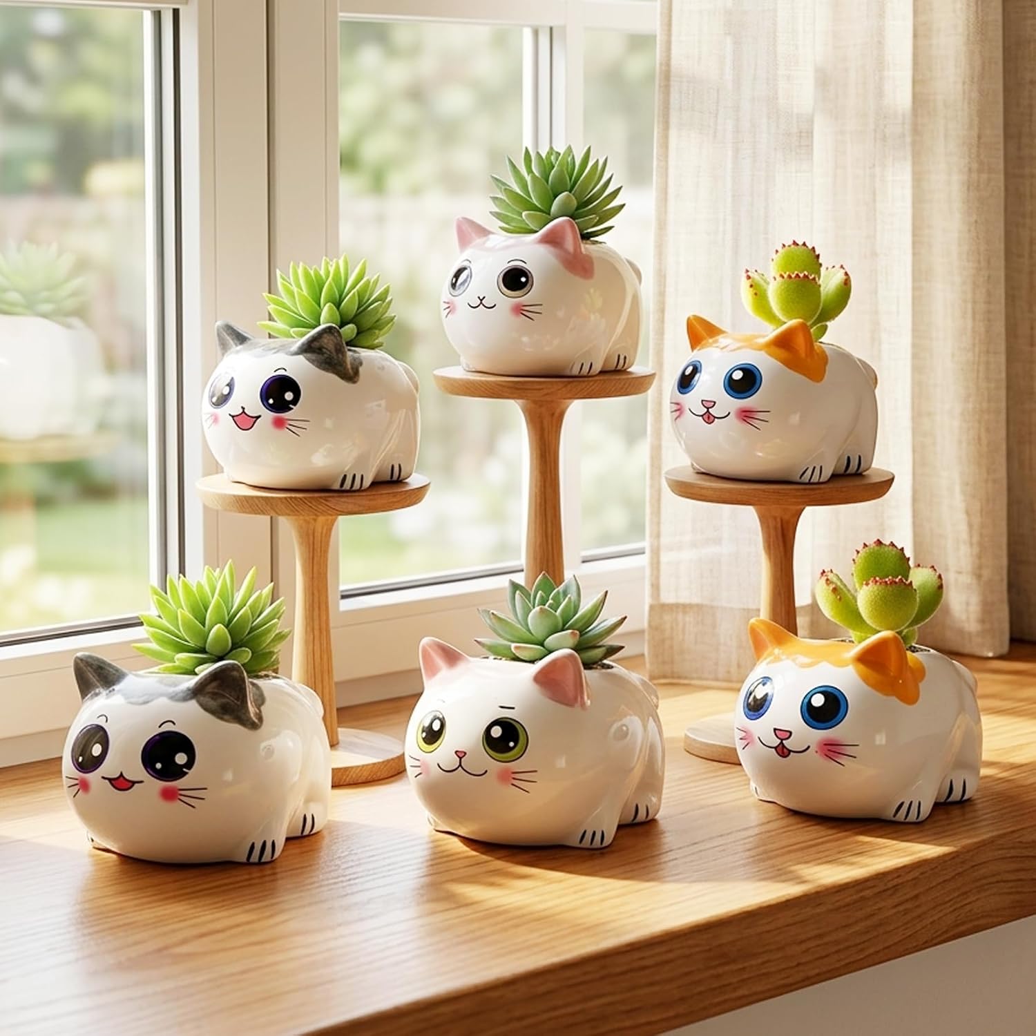 Cat Succulent Pots Set of 6 - Small Ceramic Animal Planters with Drainage | Cute Mini Flower Pots for Air Plants &