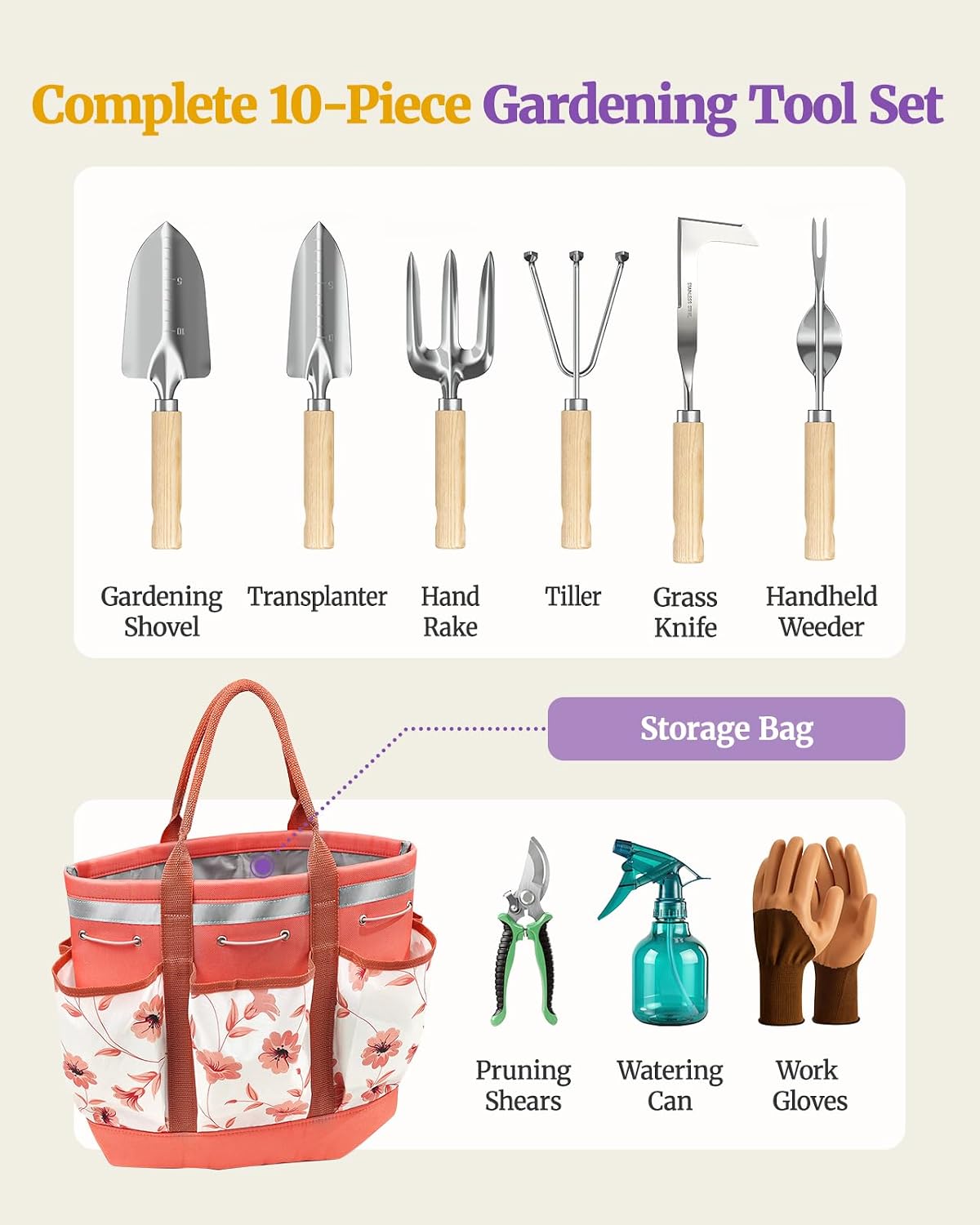 10Pcs Garden Tool Set, Rust-Proof Stainless Steel, Ash Wood Handles, Pink | High-Hardness Tool Heads, Reinforced