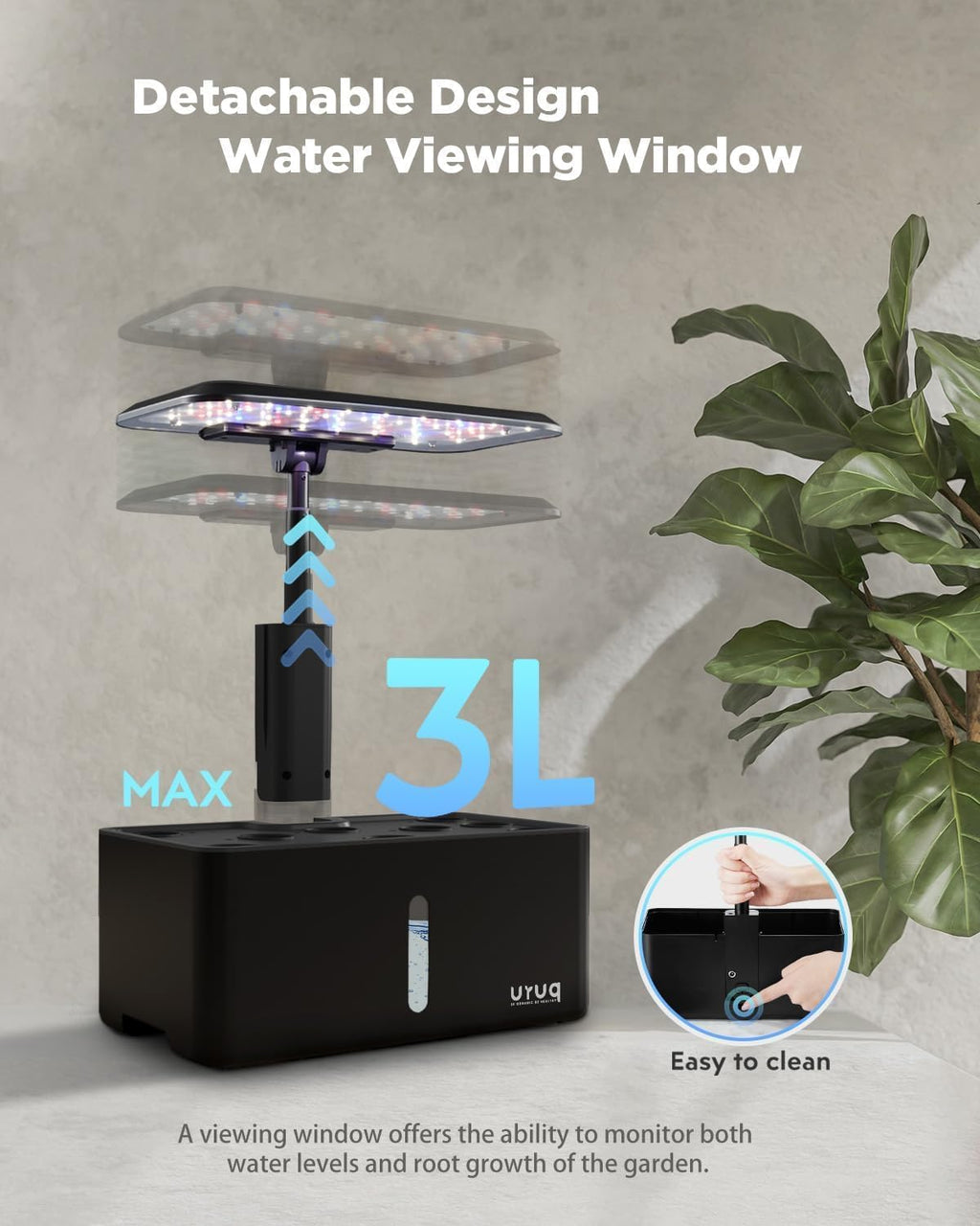 URUQ 8 Pods Hydroponics Growing System with LED Grow Light - Black | Quiet Water Pump, Automatic Timer, Adjustable
