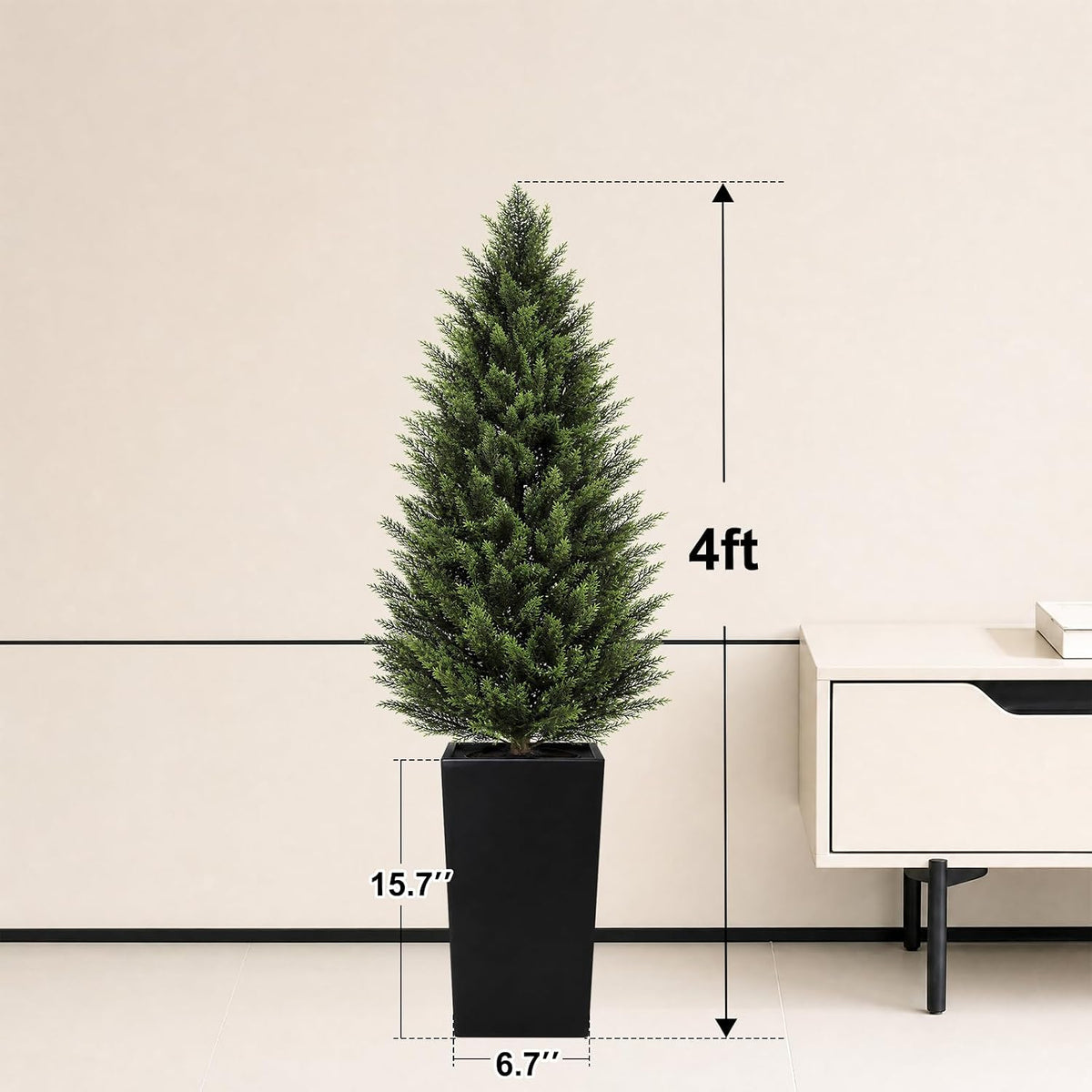 VIVATREES 4FT Artificial Cedar Topiary Trees 2 Pack, Realistic Faux Cypress Trees with Square Black Planter Pot, UV