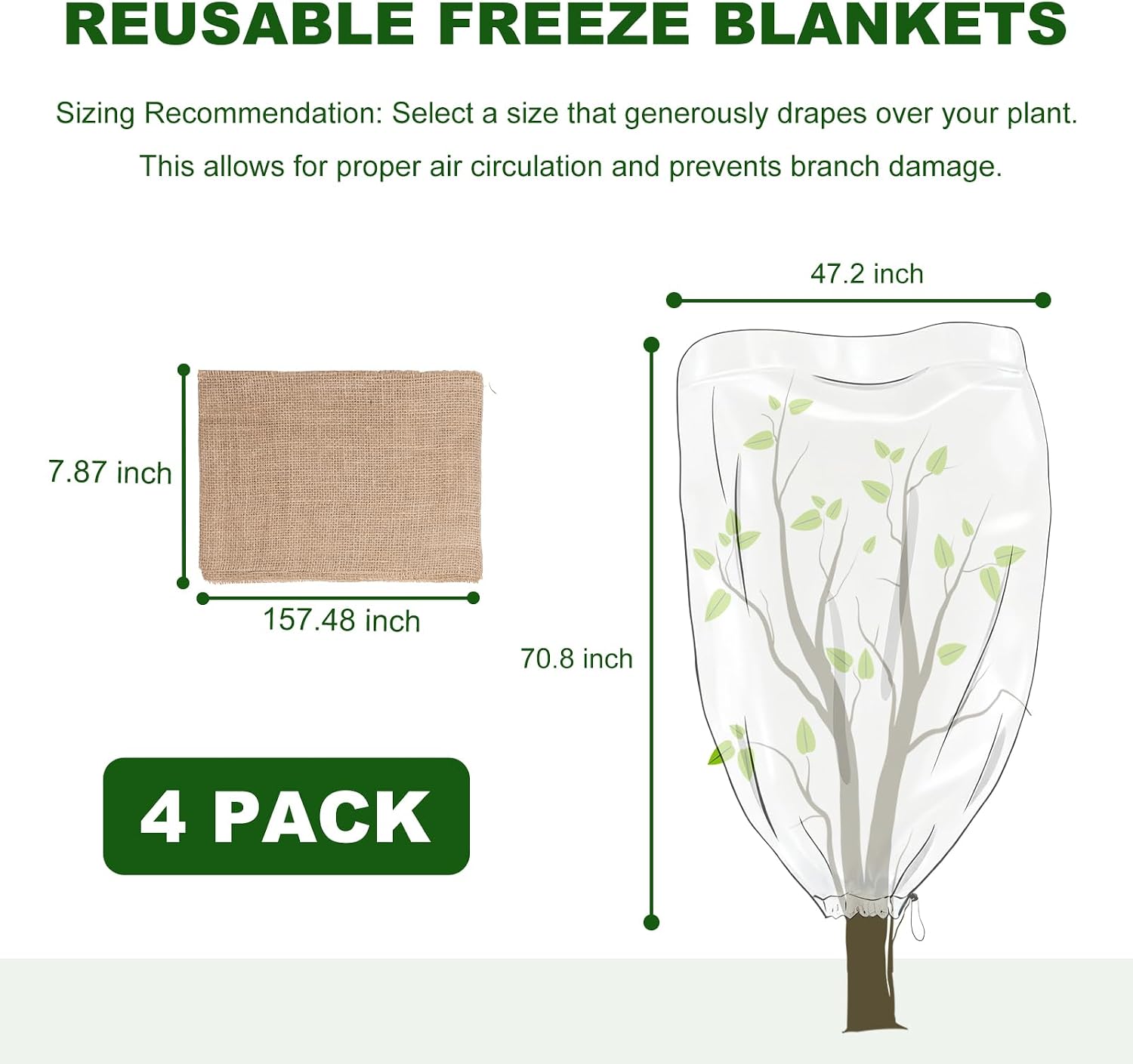 Plant Covers for Freeze Protection, 4 Pack 47" x 71" Drawstring | Breathable Frost Protection for Trees, Shrubs and