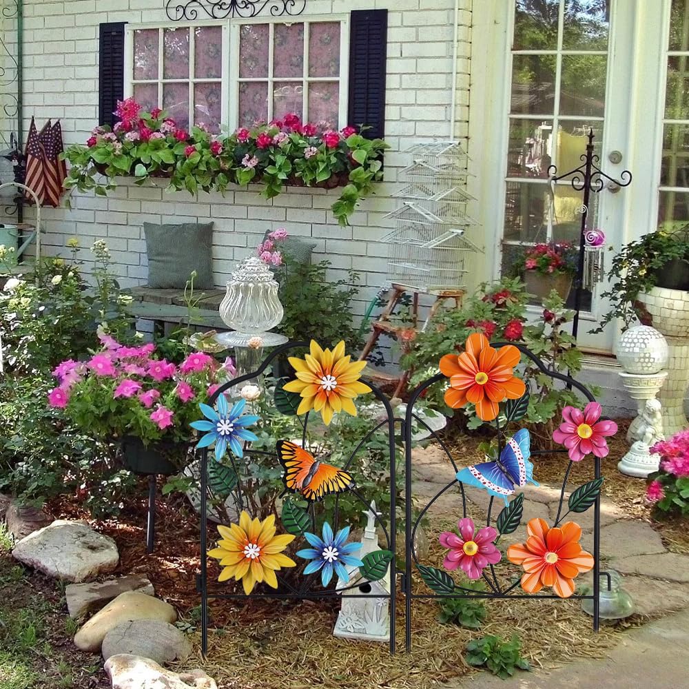 hogardeck Garden Decor for Outside, Set of 2 Metal Fence Decorative Garden Stakes with Flowers for Spring Decor, Yard