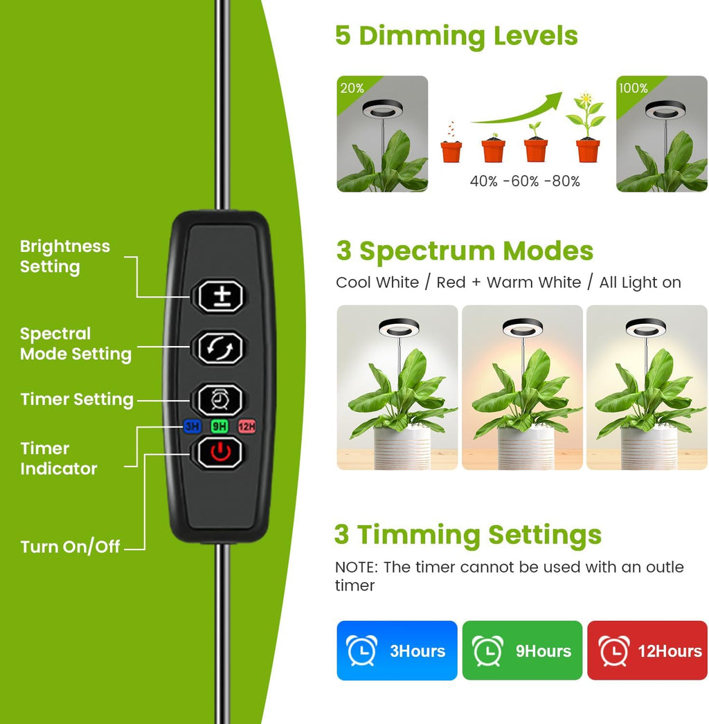 Kullsinss 3.5in Halo Plant Lights for Indoor Growing, 48 LEDs Full Spectrum | Black Grow Light with Base, 6/12/16H
