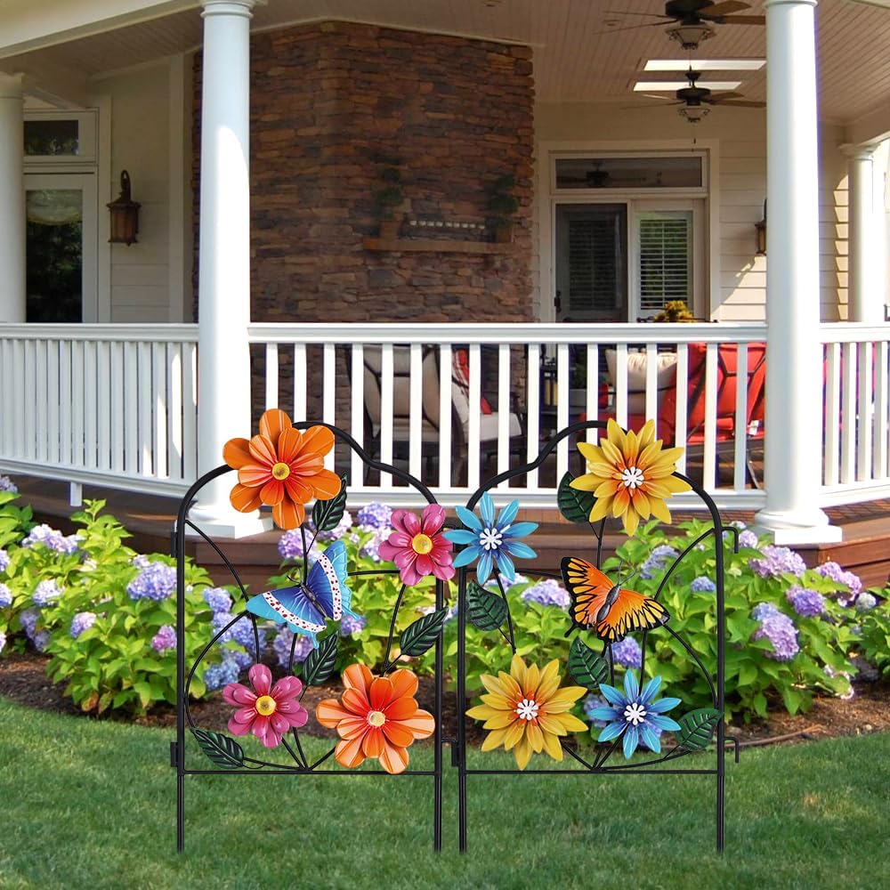 hogardeck Garden Decor for Outside, Set of 2 Metal Fence Decorative Garden Stakes with Flowers for Spring Decor, Yard