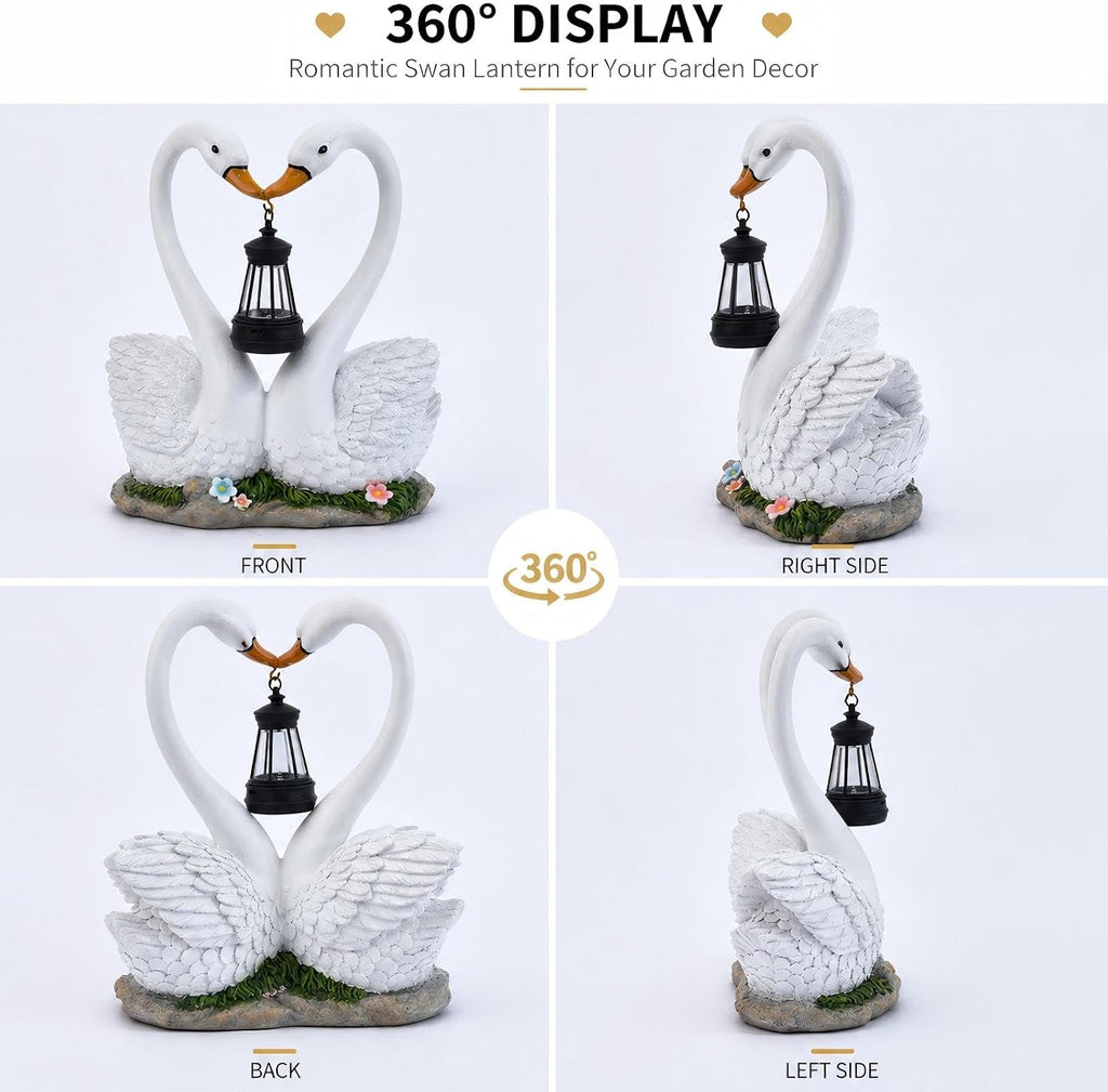 Solar Swan Garden Statue with Hanging Lantern Light, Romantic Swan Couple Outdoor Solar Lights Resin Waterproof Yard