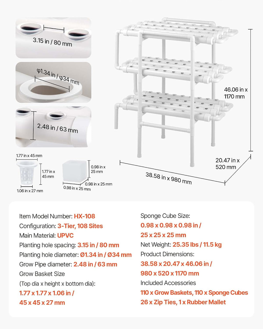 VEVOR Hydroponics Growing System Kit, 3-Tier 108 Sites UPVC Pipe Hydroponic Grow Kit with Timed Irrigation, Thickened