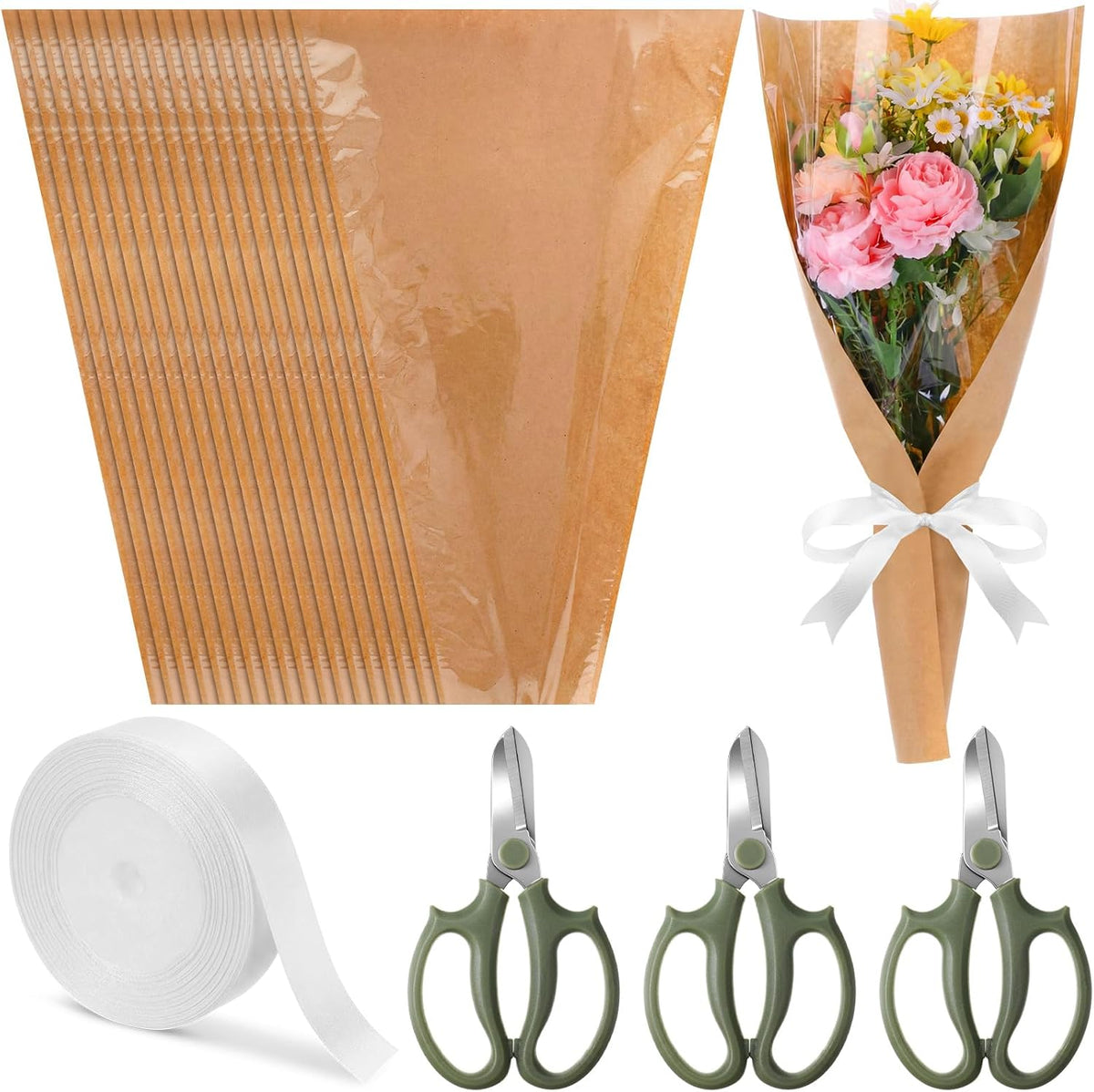 Lanties 54 Pcs Flower Wrapping Sleeves 22 x 14.4 in Kraft Back Clear Front Bouquet Bags with Ribbons and Floral Scissors Florist Wrapping Supplies for Graduation Wedding DIY Flower Arrangements