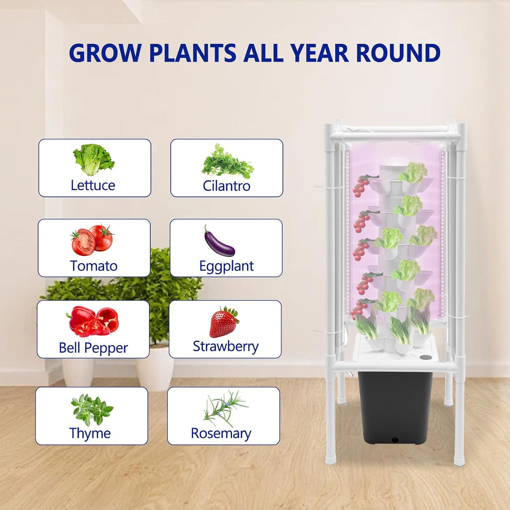 Hydroponic Tower Growing System Kits with LED Grow Lights 30 Pods Indoor Vertical Planter Germination Kit 6 Layers