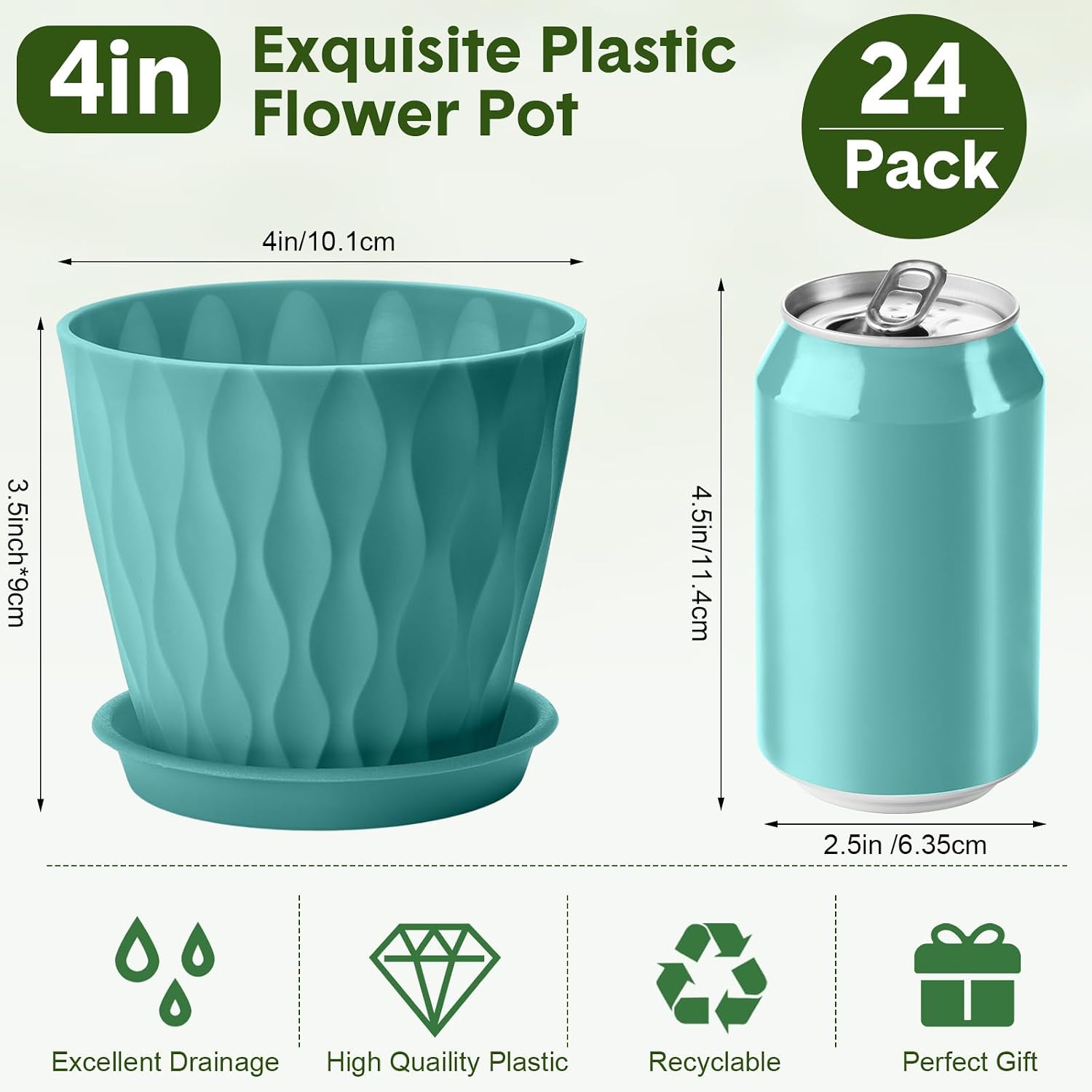 24 Pack 4 Inch Plant Pots Bulk Small Pots for Succulents Waffle Texture Plastic Planter with Drainage Holes and Saucers