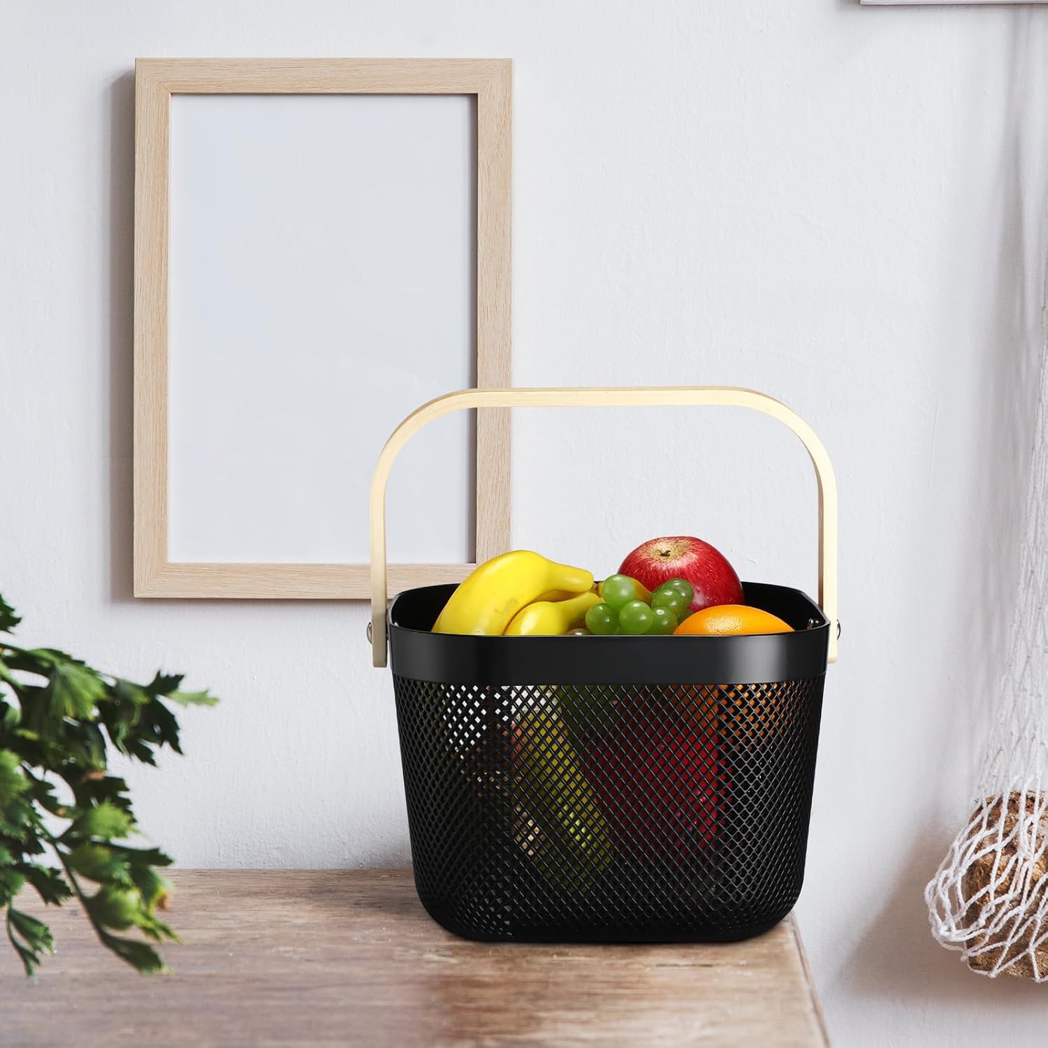Sadnyy 4 Pcs Plastic Mesh Garden Harvest Basket Storage Basket with Wooden Handle Multi Functional Mesh Bin for Kitchen