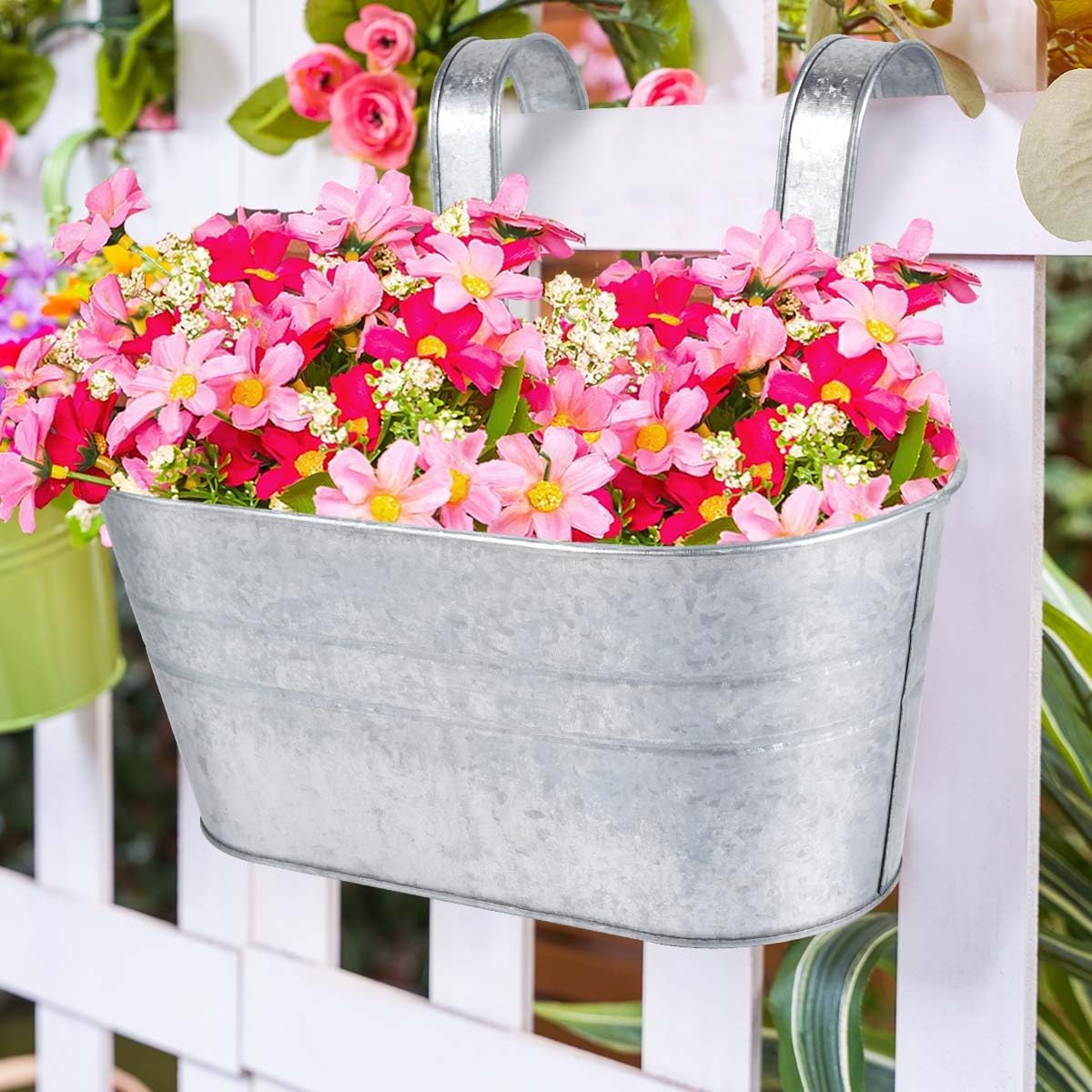 OBTANIM 4 Pack Metal Hanging Flower Pots Iron Railing Planter Outdoor Fence Hanging Pots Bucket Plant Holder with
