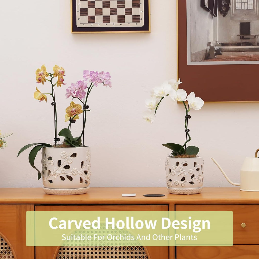 6.5" + 5" Ceramic Orchid Pot with Drainage Holes & Saucer | Orchid Containers with Precise Aeration, White Flower Pots