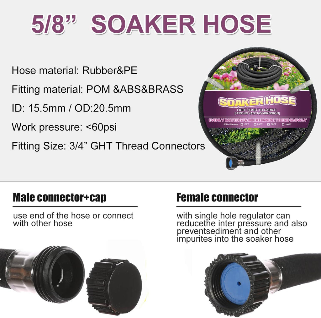 Short Soaker Hose 15ft -5/8 Round Rubber Garden Soaker Hoses, Heavy Duty Irrigation Drip Hose, Durable Seeper Water
