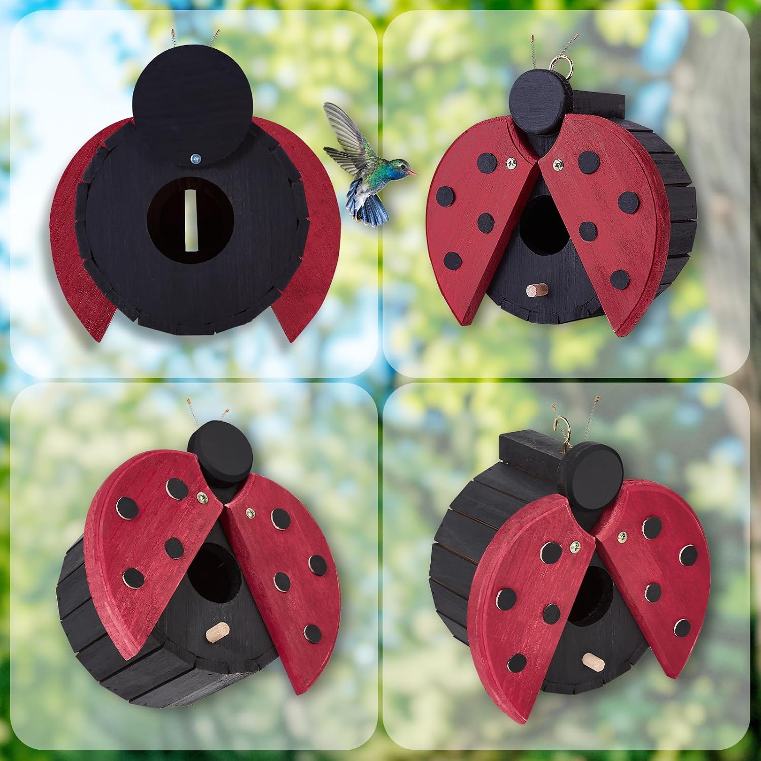 Bird Houses for Outside - Wooden Hanging Bird House - Ladybug-Shaped Birdhouse for Finches, Wrens, Cardinals - Outdoors