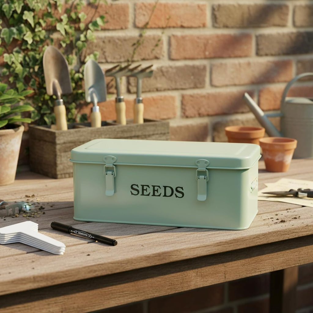 Seed Storage Organizer,Metal Seed Saving Box with Lid and Safety Locks, 4 Compartment Seeds Saver Kit with 2 Pens,20