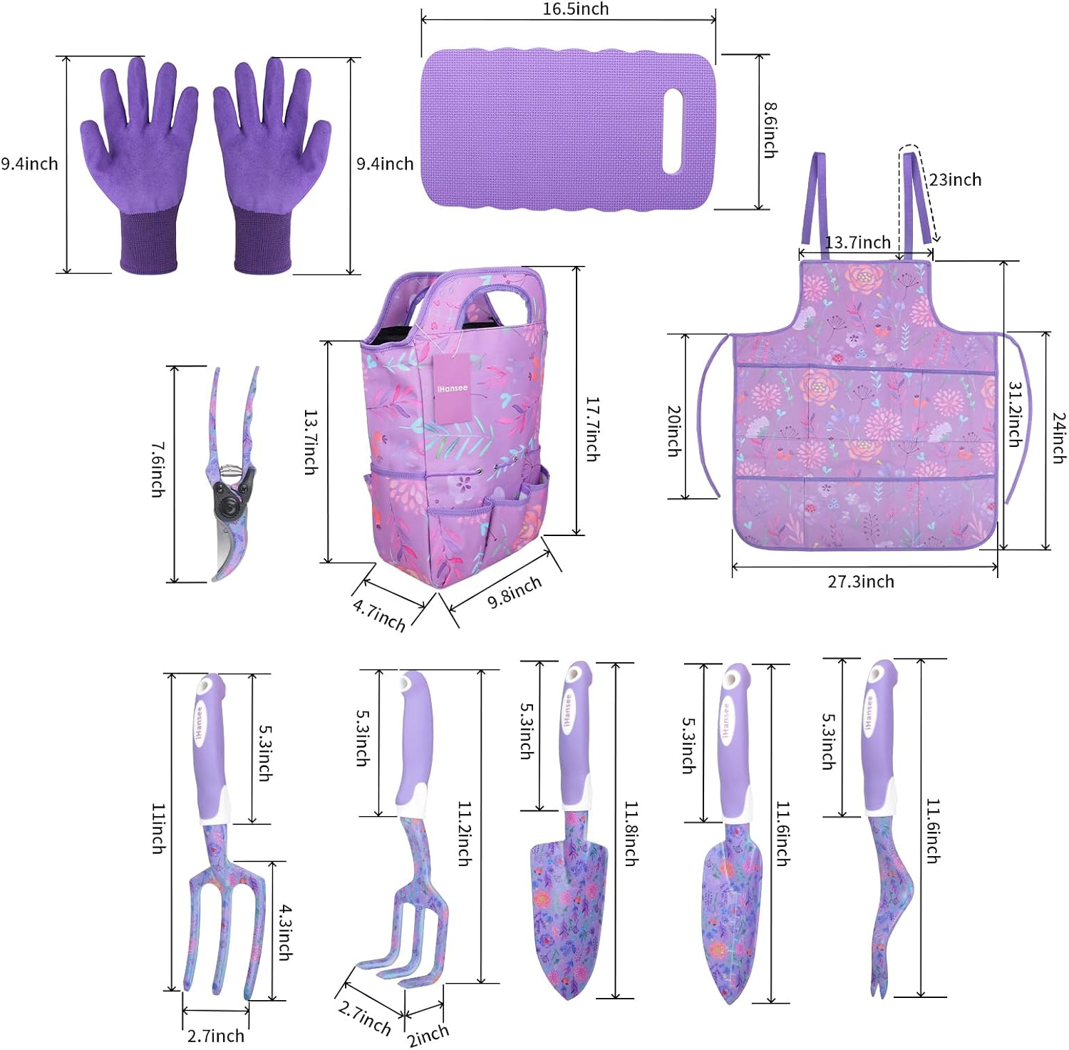 Purple Garden Tools Set 10 Pieces, Gardening Gifts for Women | Aluminum Alloy Steel Hand Tool Kit w/Non-Slip Ergonomic