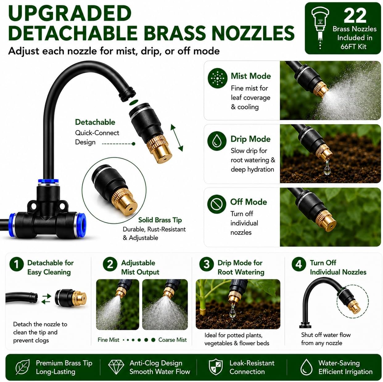 66FT 5/16" Garden Watering Kit with 22 Brass Nozzles | 22 brass nozzles, 5/16" tubing, brass faucet adapter