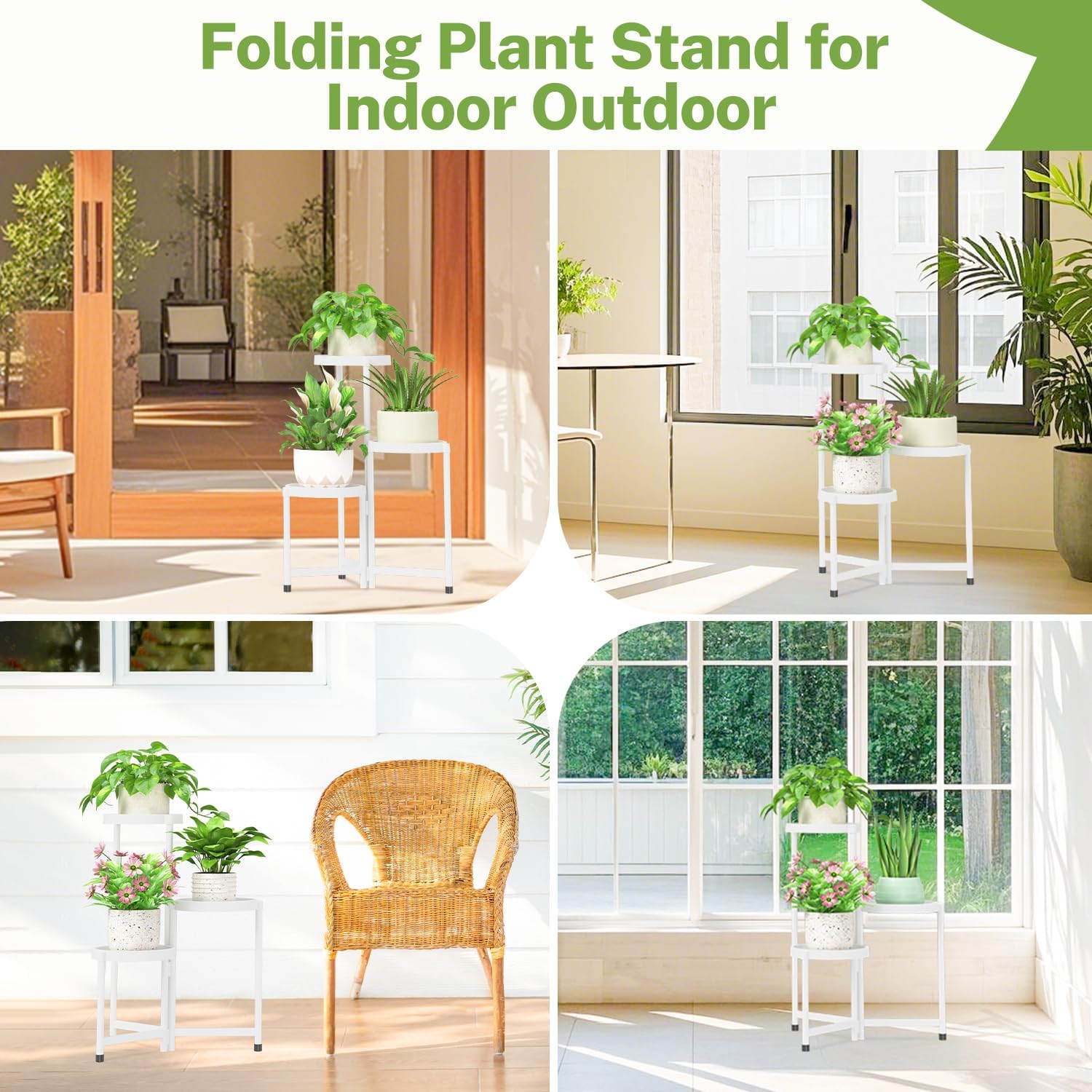 iDavosic.ly 3 Tier Folding Plant Stand Indoor Outdoor, Plastic Tray, White | Space Saving Tiered Corner Storage Display