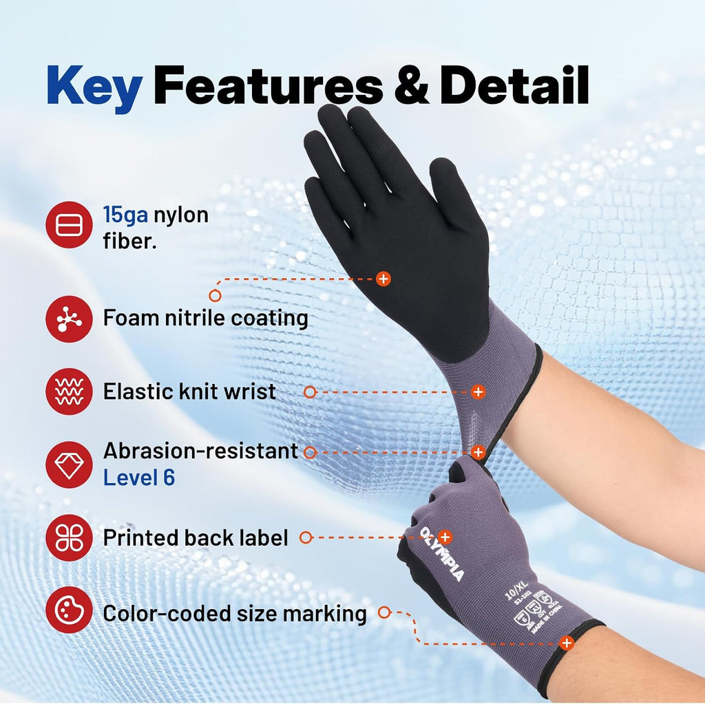 NORTHSKY Olympia Nitrile Dipped Knit Work Gloves, Light and Medium Duty Gardening Safe Work Gloves Breathable 12 Pairs