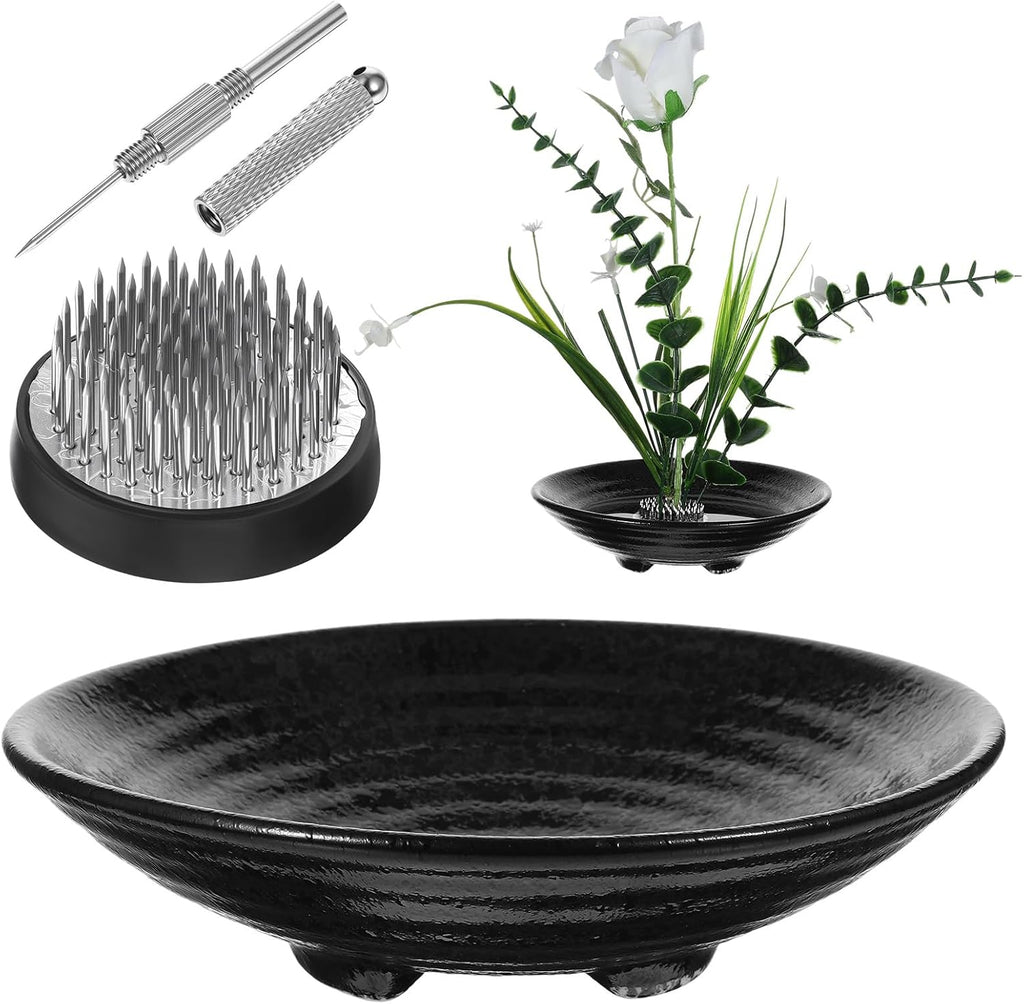 Japanese Ikebana Kit, Ceramic Bowl Vase, Floral Frog Flower Container with Kenzan Needle Straightening Tool, 6.7 Inch & 1.57 Inch Black for Floral Arrangement Art, Home Office Decor