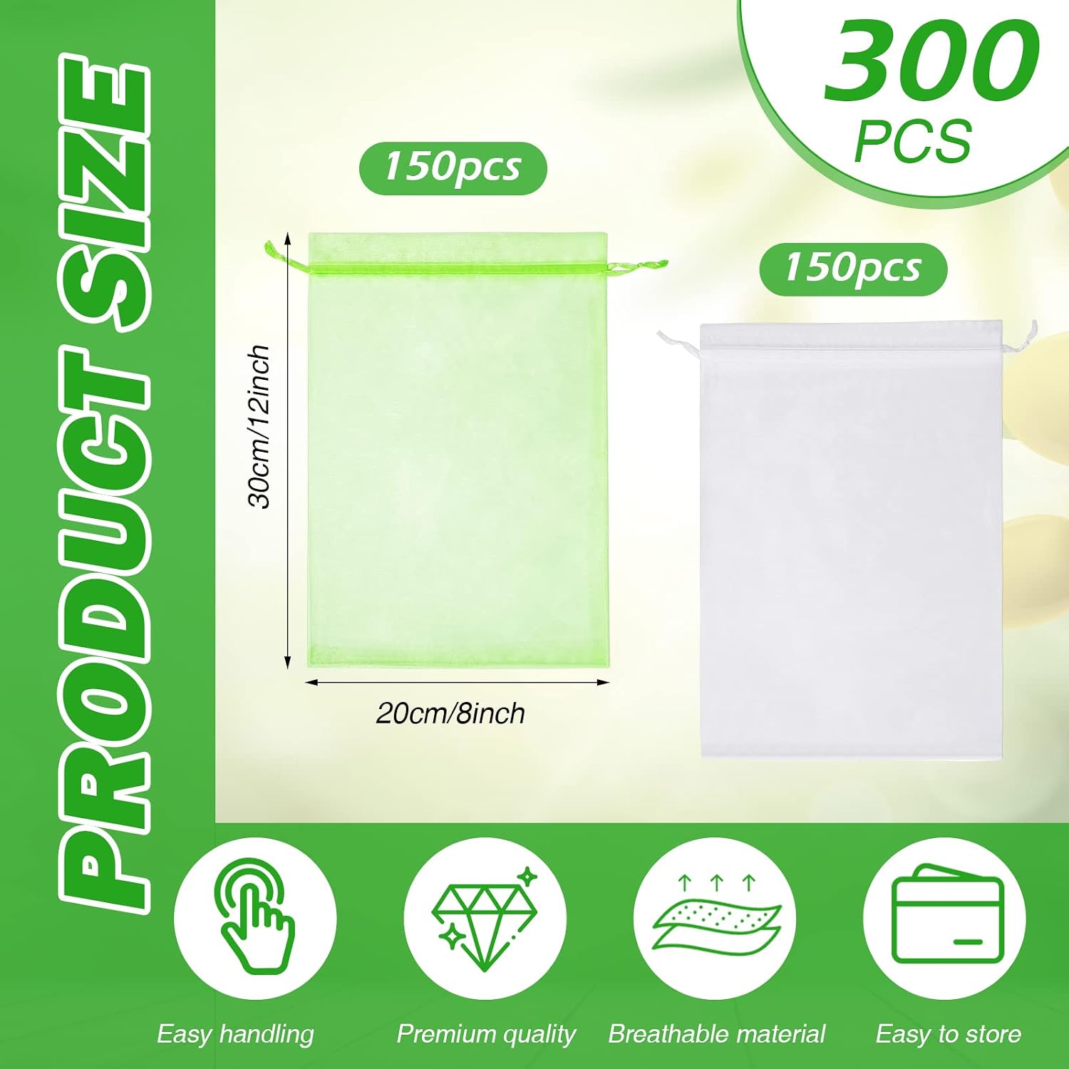Woanger 300 Pcs Fruit Protection Bags 8 x 12'' Fruit Bags for Fruits Trees Green Netting Fruits Cover Bag with