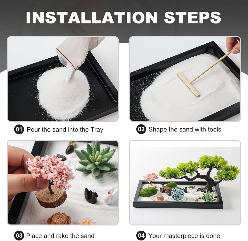 Zen Garden Kit for Desk Decor - Premium Beautiful Japanese Mini Zen Sand Garden Box Set for Home, Office with Black