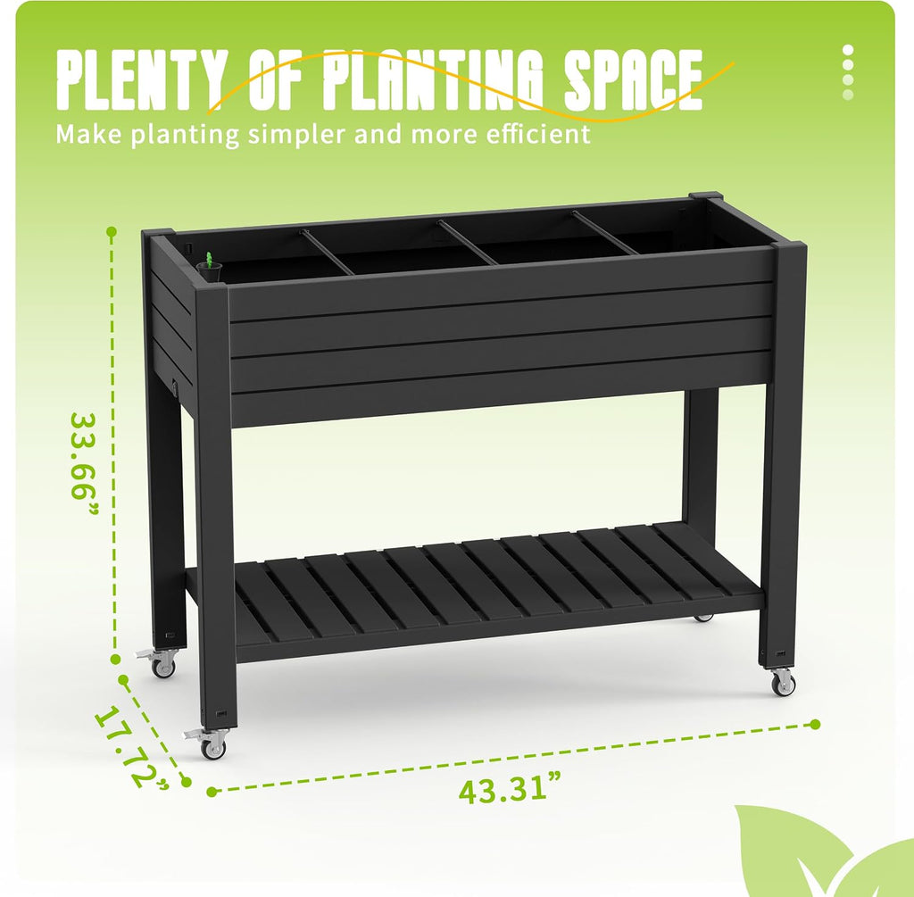 21 Gallon Raised Garden Bed with Legs and Wheels, Raised Planter Box with Drainage Plug and Gauge, Lower Shelf for