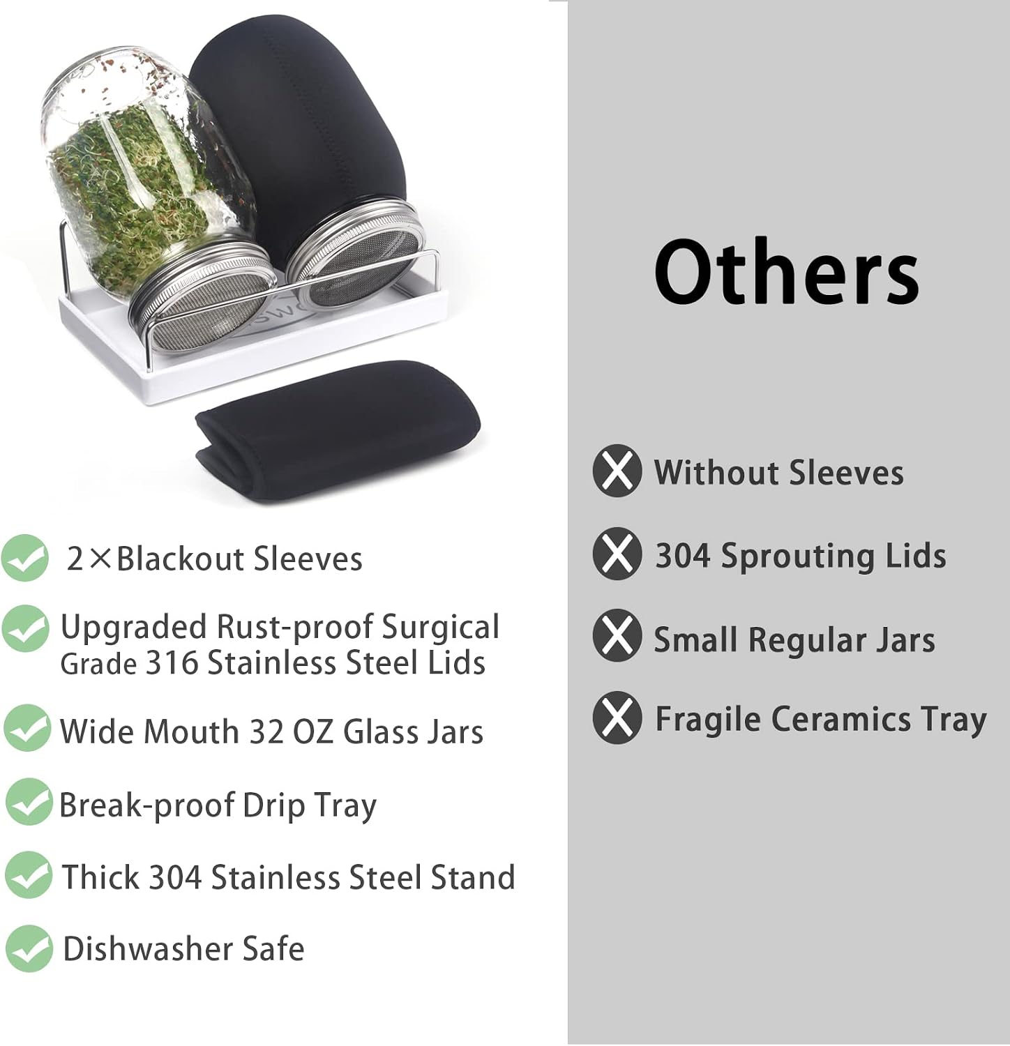 Sprouting Jar Kit-2 Wide Mouth Quart Mason Jars with 316 Stainless Steel Screen Sprout Lids, Drip Tray, Stand | Seed