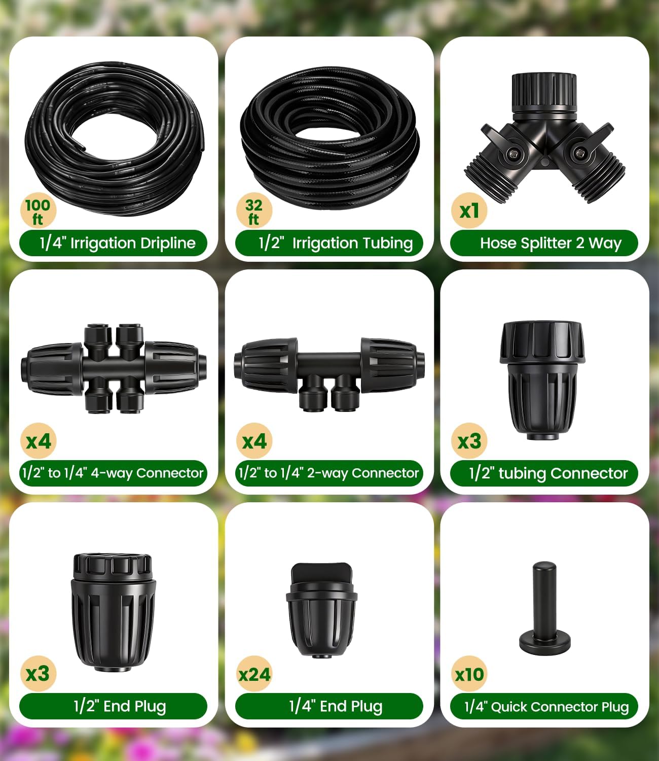 132FT Drip Irrigation Tubing Kit with 1/2 inch Drip Irrigation Tubing, 1/4 inch Irrigation Dripline, and Irrigation