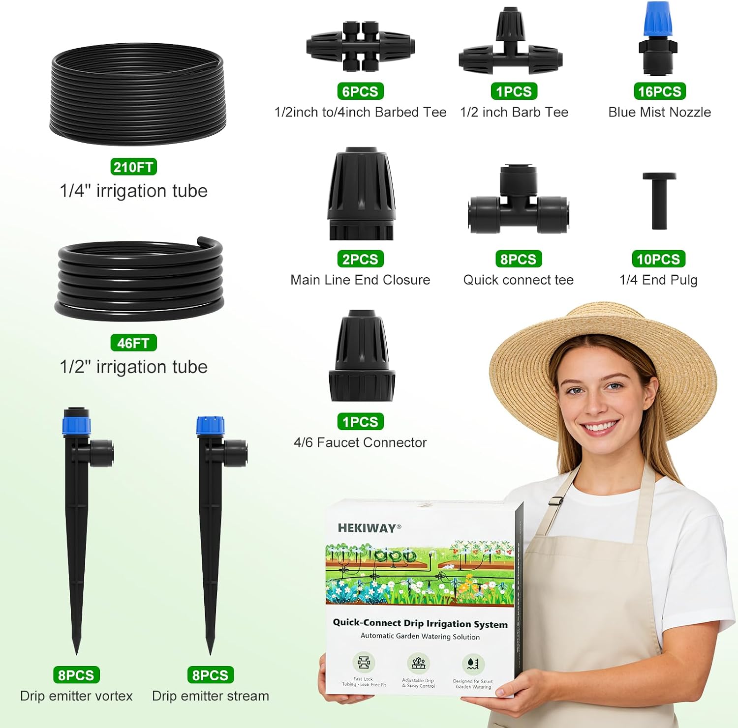 2026 Upgrade 256FT Quick-Connect Drip Irrigation System Kit with 1/4” & 1/2” Fast-Lock Tubing, Adjustable Emitters &