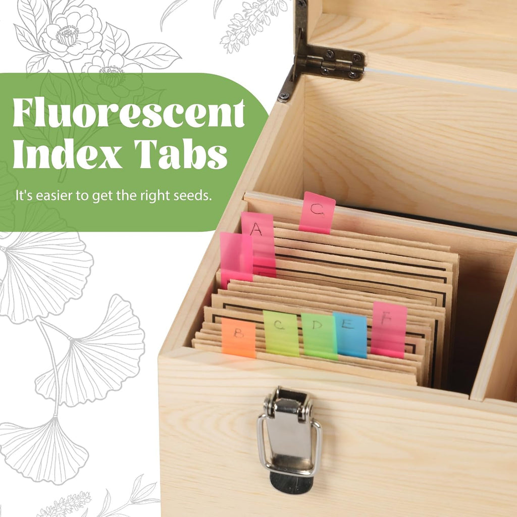 13.1”×7.7”×6” Wood Seed Storage Box 60pcs Seed Envelopes Fluorescent Index Tabs Seed Saving Organizer Box with