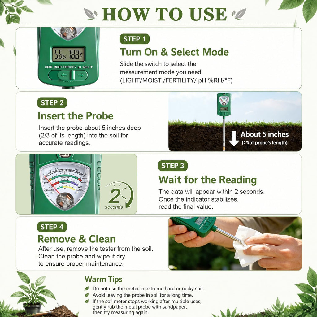 7-in-1 Soil Test Kit with 90° Rotatable Head, Soil Tester for Moisture/pH/Light Intensity/Fertility, Digital Screen for