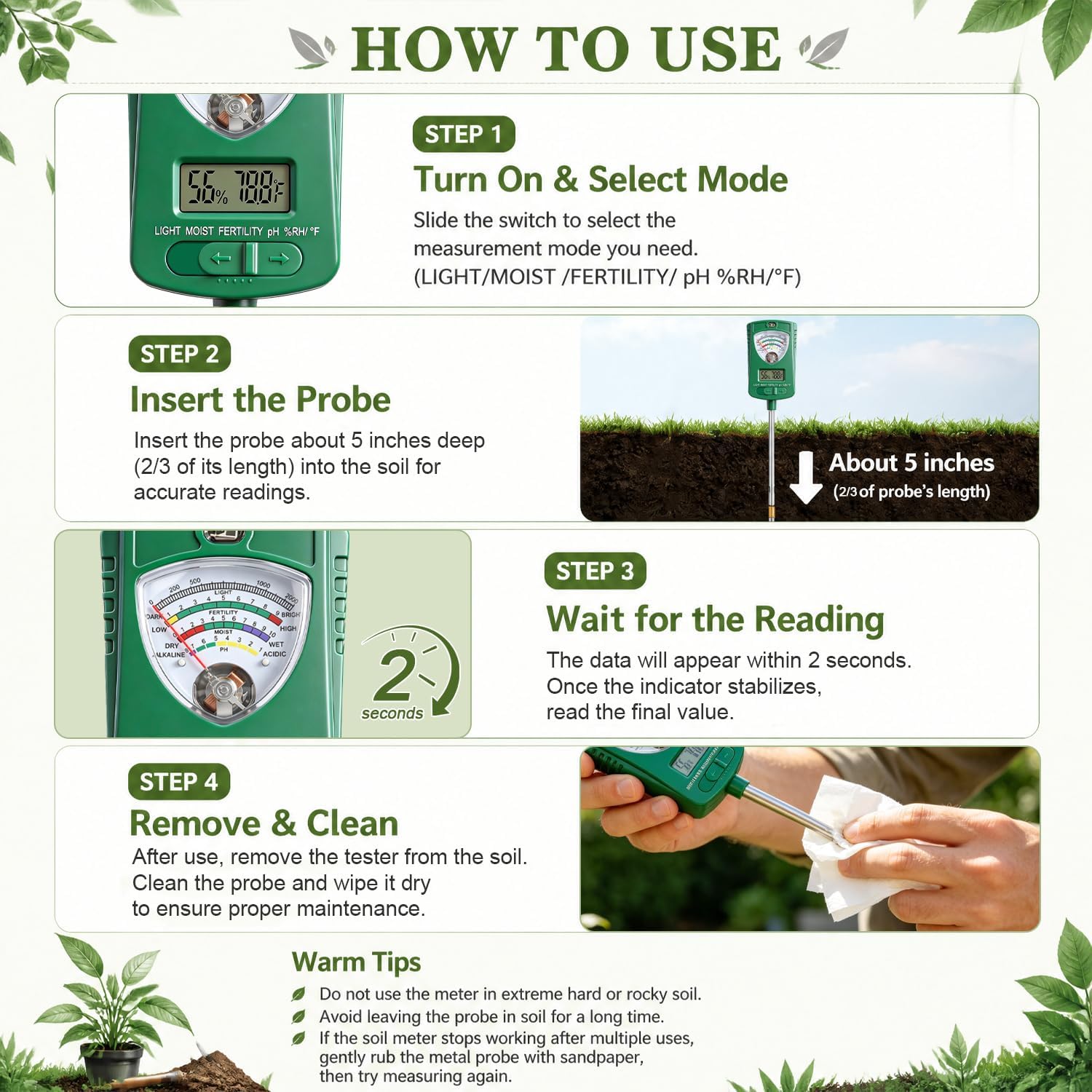 7-in-1 Soil Test Kit with 90° Rotatable Head, Soil Tester for Moisture/pH/Light Intensity/Fertility, Digital Screen for