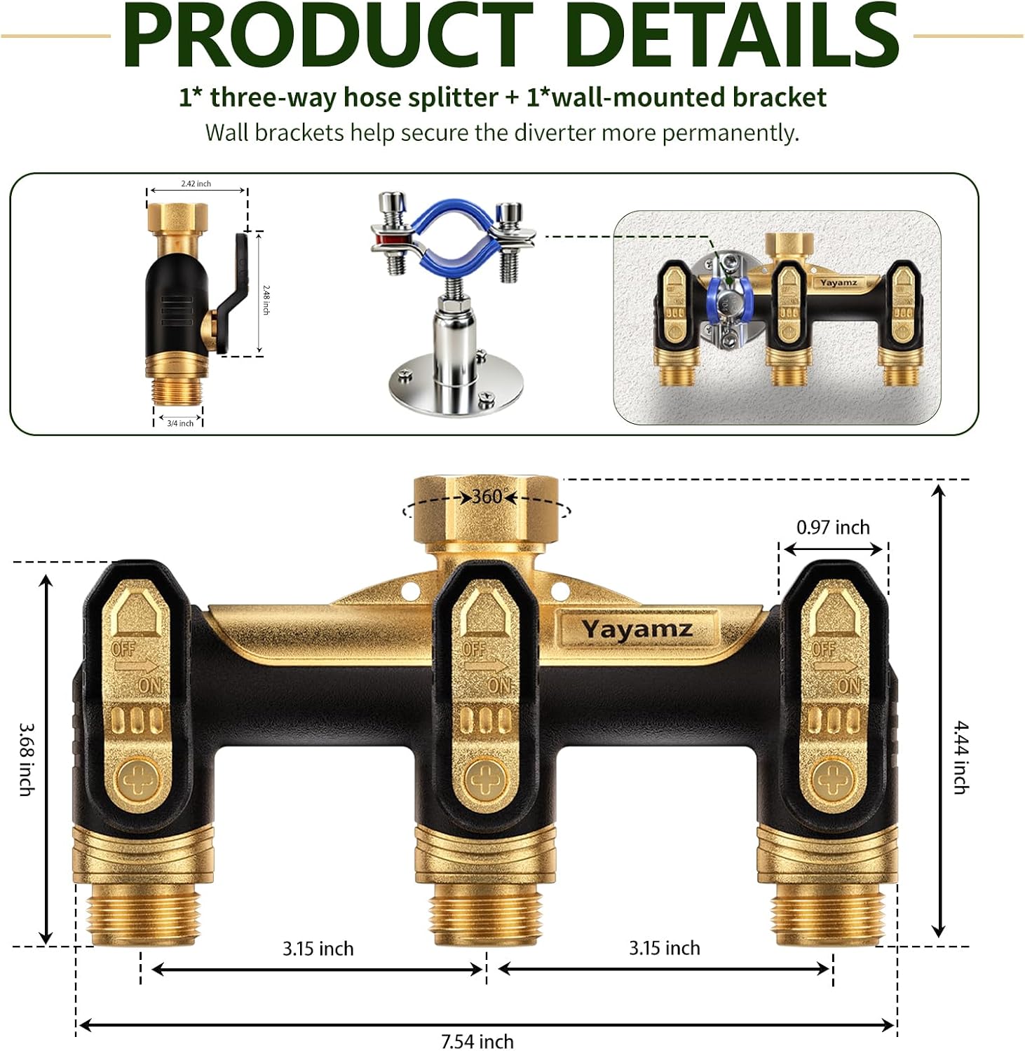 Garden Hose Splitter 3 Way, Heavy Duty All Metal Water Hose Spigot Splitter | Shut Off Valves,2.4" Easy-Turn