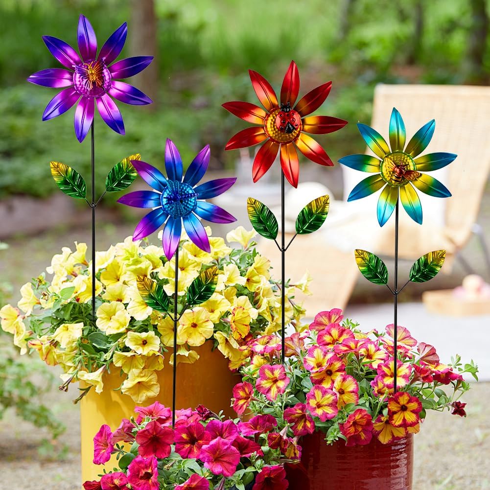 4 Packs Wind Spinner Outdoor, Pinwheels for Yard and Garden, Metal Flower Decorative Garden Stakes for Lawn Patio Porch