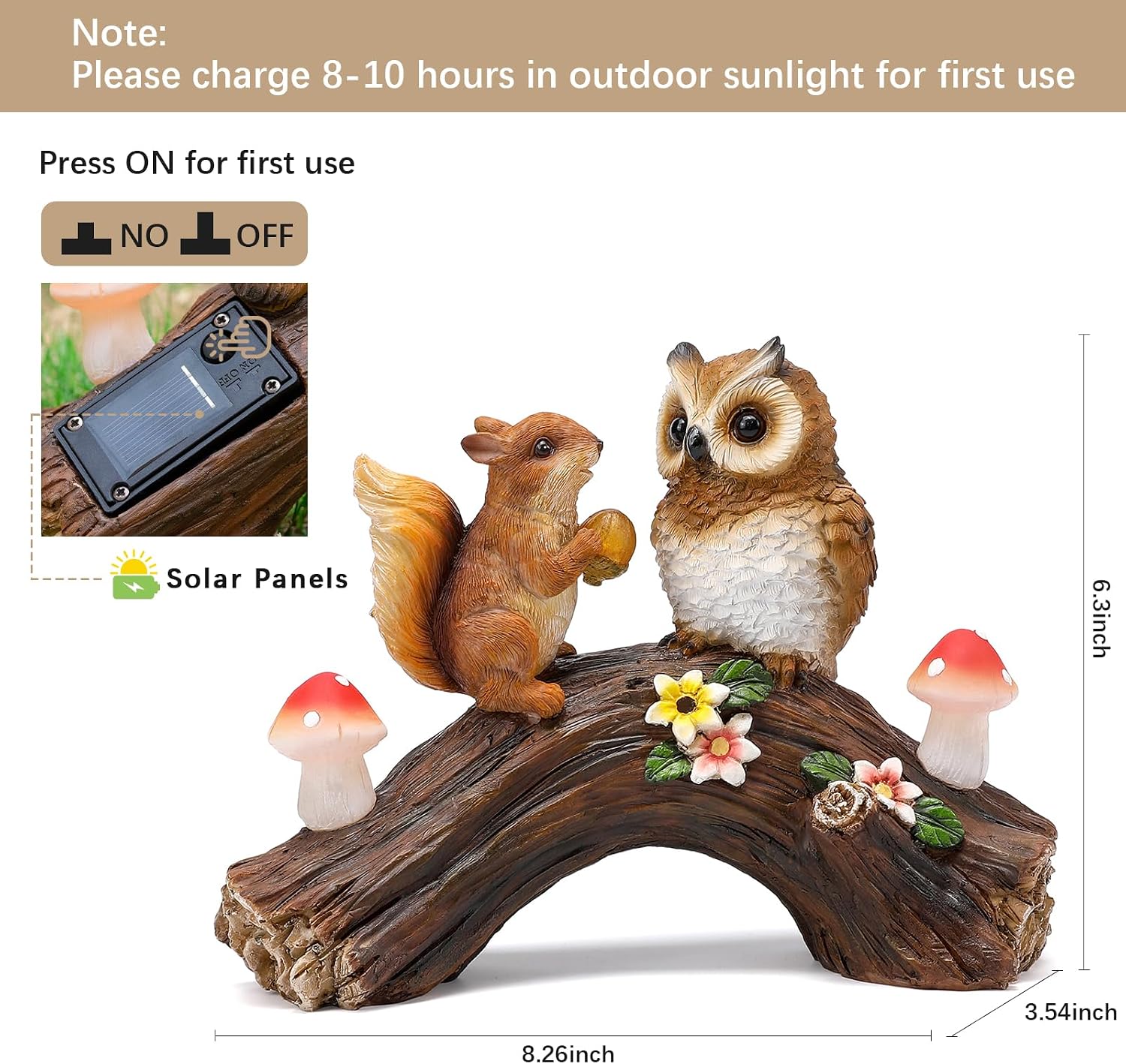 Solar Owl Garden Statues Outdoor Decor Resin Owl Squirrel Figurine with Mushroom Lights for Patio Lawn Yard Decorations