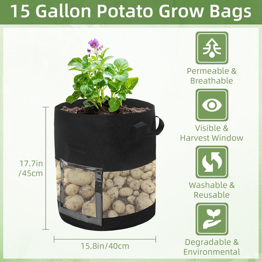 6 Pack 15 Gallon Visible Potato Grow Bags, Thickened Nonwoven Fabric Pots Potato Growing Containers with Handles &