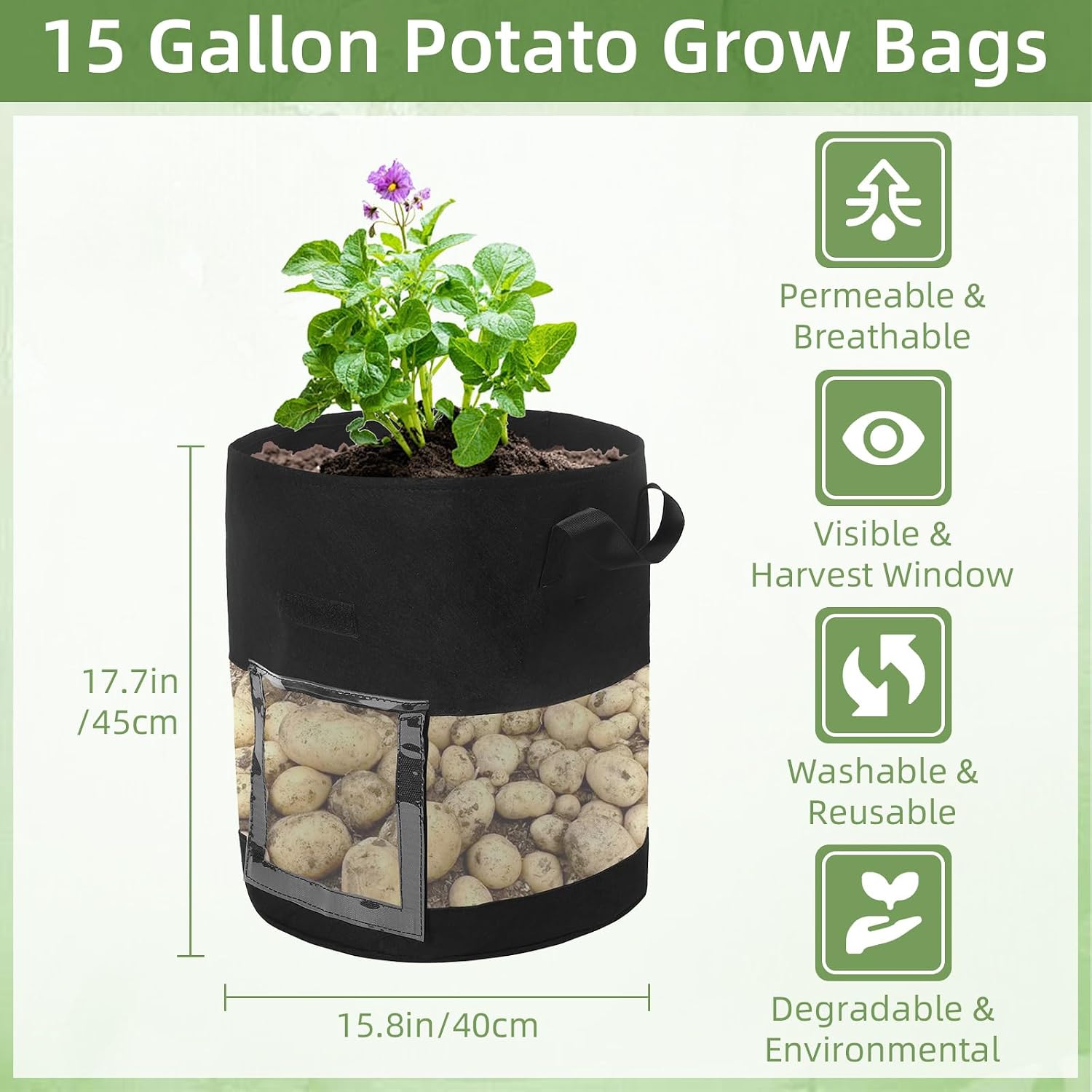 6 Pack 15 Gallon Visible Potato Grow Bags, Thickened Nonwoven Fabric Pots Potato Growing Containers with Handles &