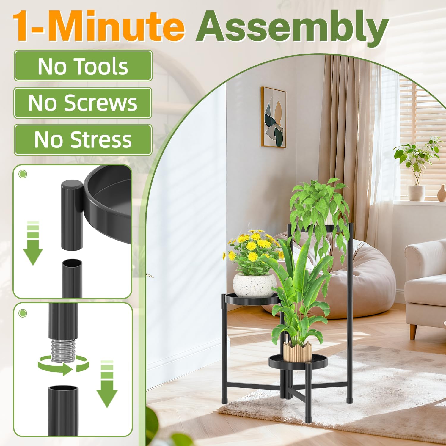 iDavosic.ly Plant Stand Indoor Outdoor, 3 Tier Metal Corner Shelf, Black | Tiered Flower Display Holder, Folding Multi