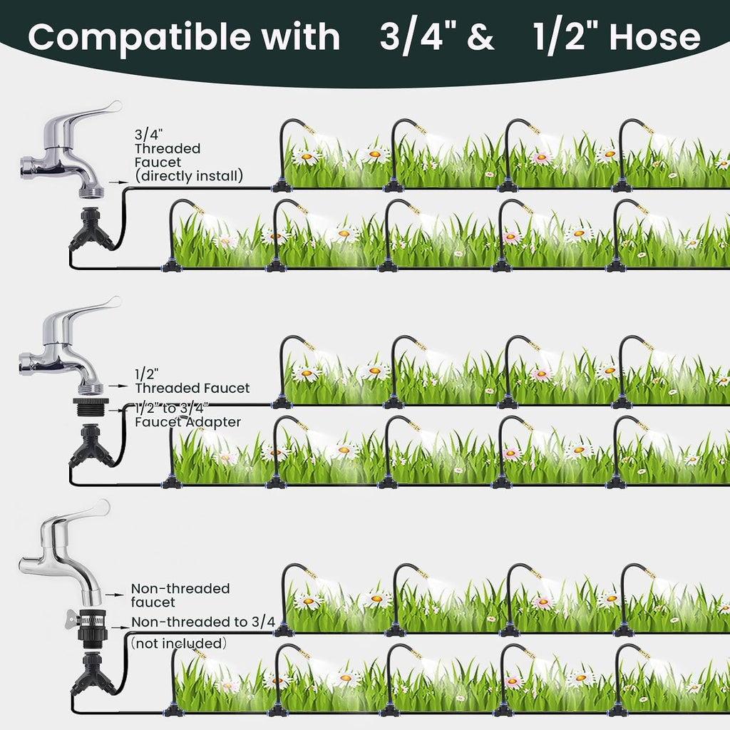 100Ft Drip Irrigation System,1/4" 360°Bendable Fast-Lock Tubing with24pcs Adjustable Misting Copper Nozzles, Automatic