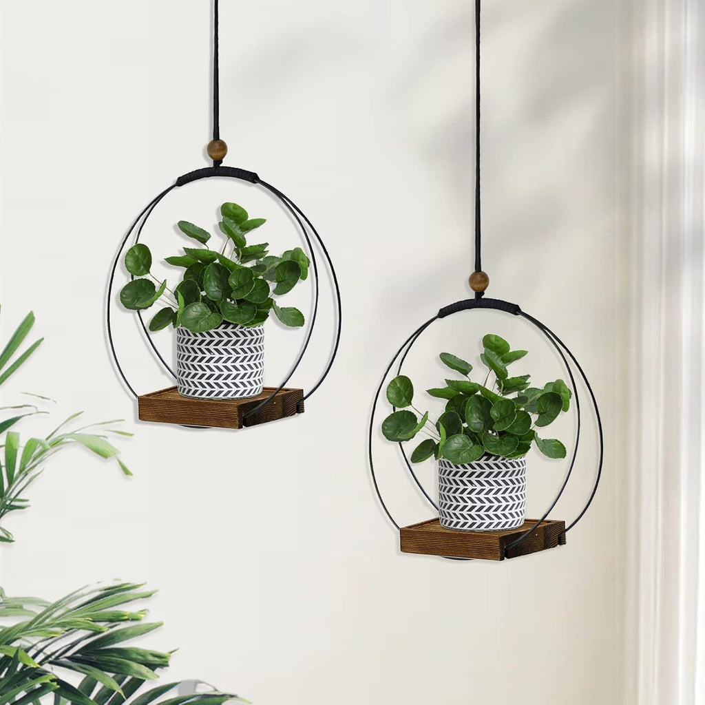 hismocal 2 Pack Hanging Planter for Indoor Plants, Black Plant Hanger with Sturdy Wood Base, Modern Boho Macrame