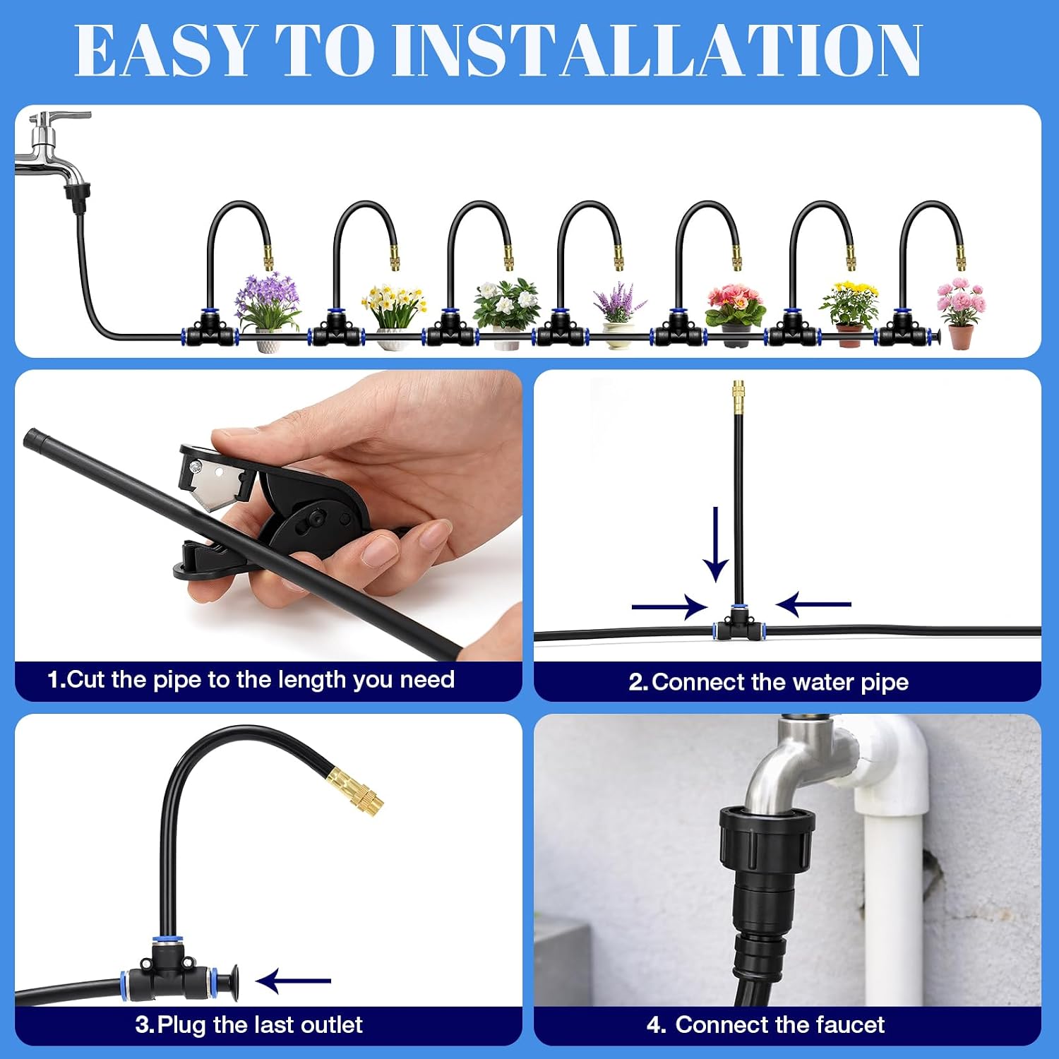 GOTGELIF 100FT Drip Irrigation Kit, with 25Pcs 360° Adjustable Nozzles, 5/16" Tubing, 30 T-connectors, Water-Saving
