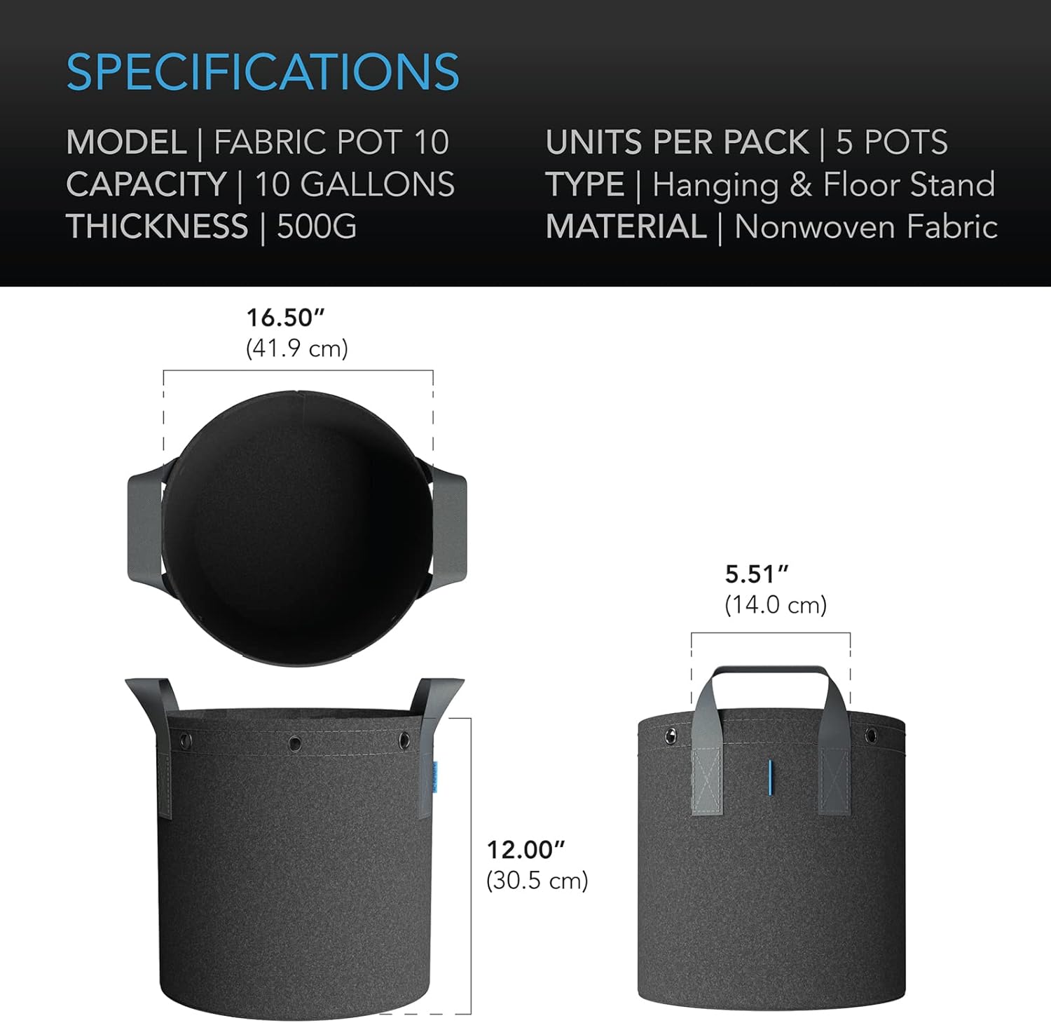 AC Infinity Heavy Duty Fabric Pots 3.5L Ventilation Reusable Grow Bags 5 Pack with 500g Thick Non-Woven Fabric and