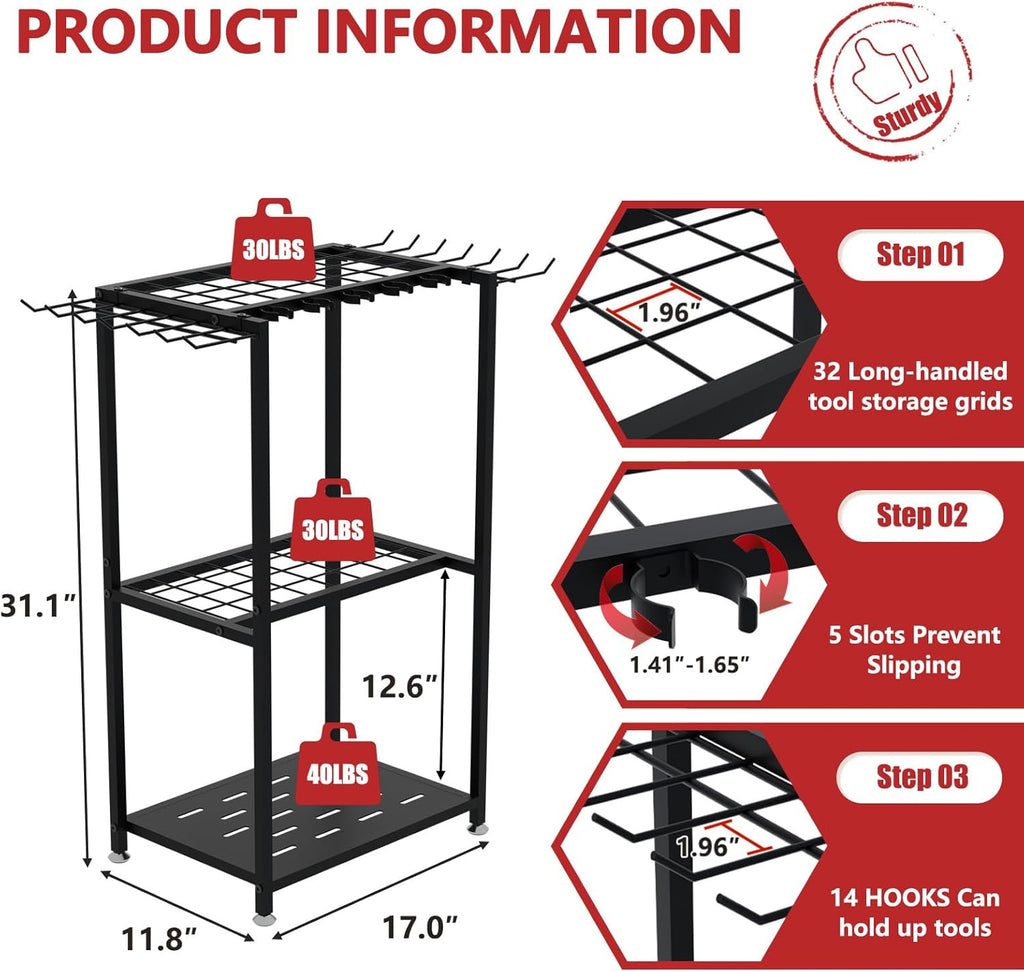 Faesun Garden Tool Organizer, 3-Tier Metal Yard Tool Rack with 14 Hooks & 5 Slots, Holds 50+ Rakes/Shovels/Brooms
