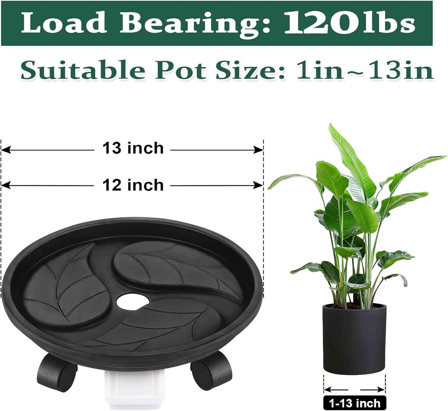 Looca Plant Caddy with Wheels and Drainage Tray, 13”Rolling Plant Stand Flower Pot Mover, Planter Caddies Round Plant