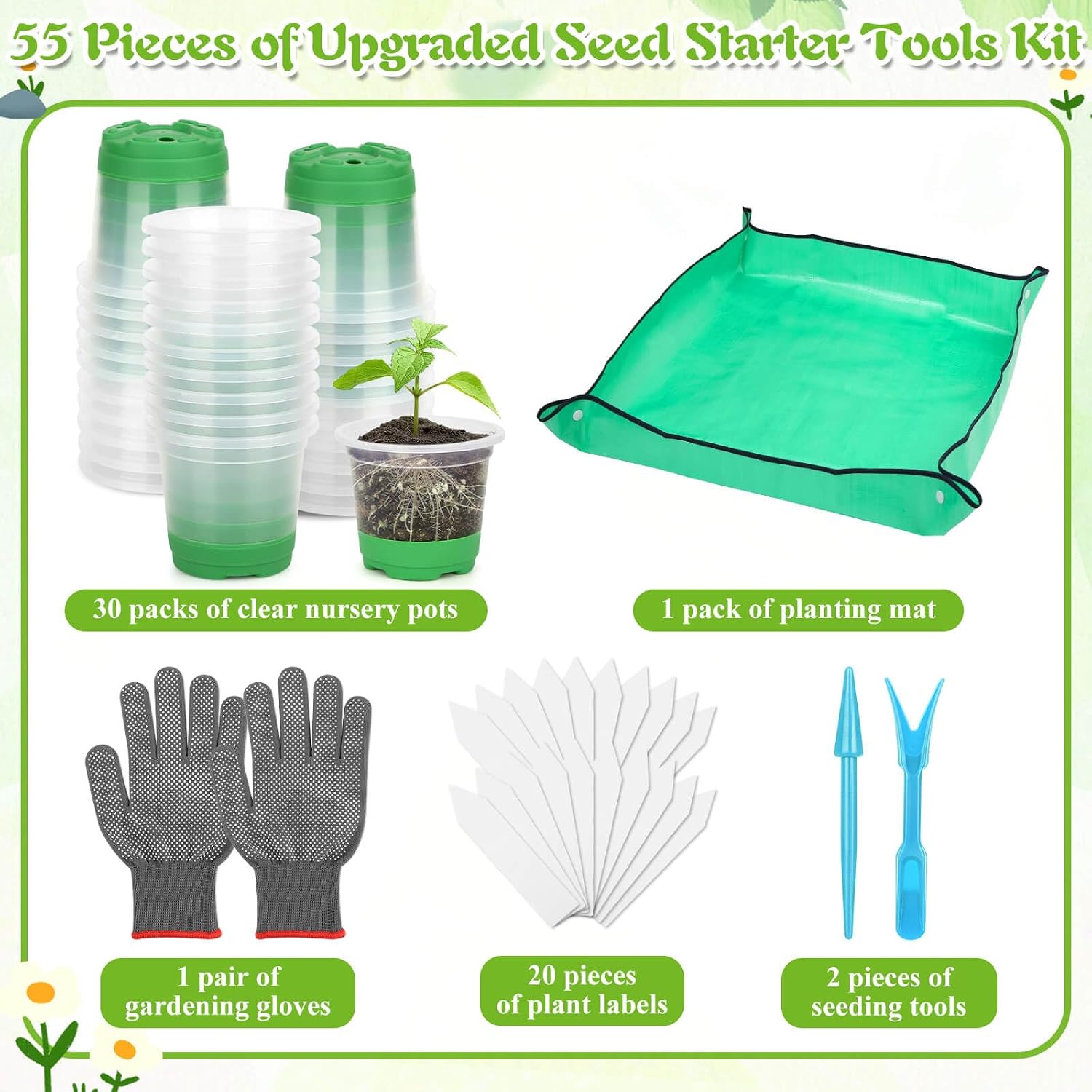 Caffox 55PCS Reusable Seed Starter Kit Includes 30 Packs 3.5" Clear Nursery Pots with Silicone Base, Repotting Mat
