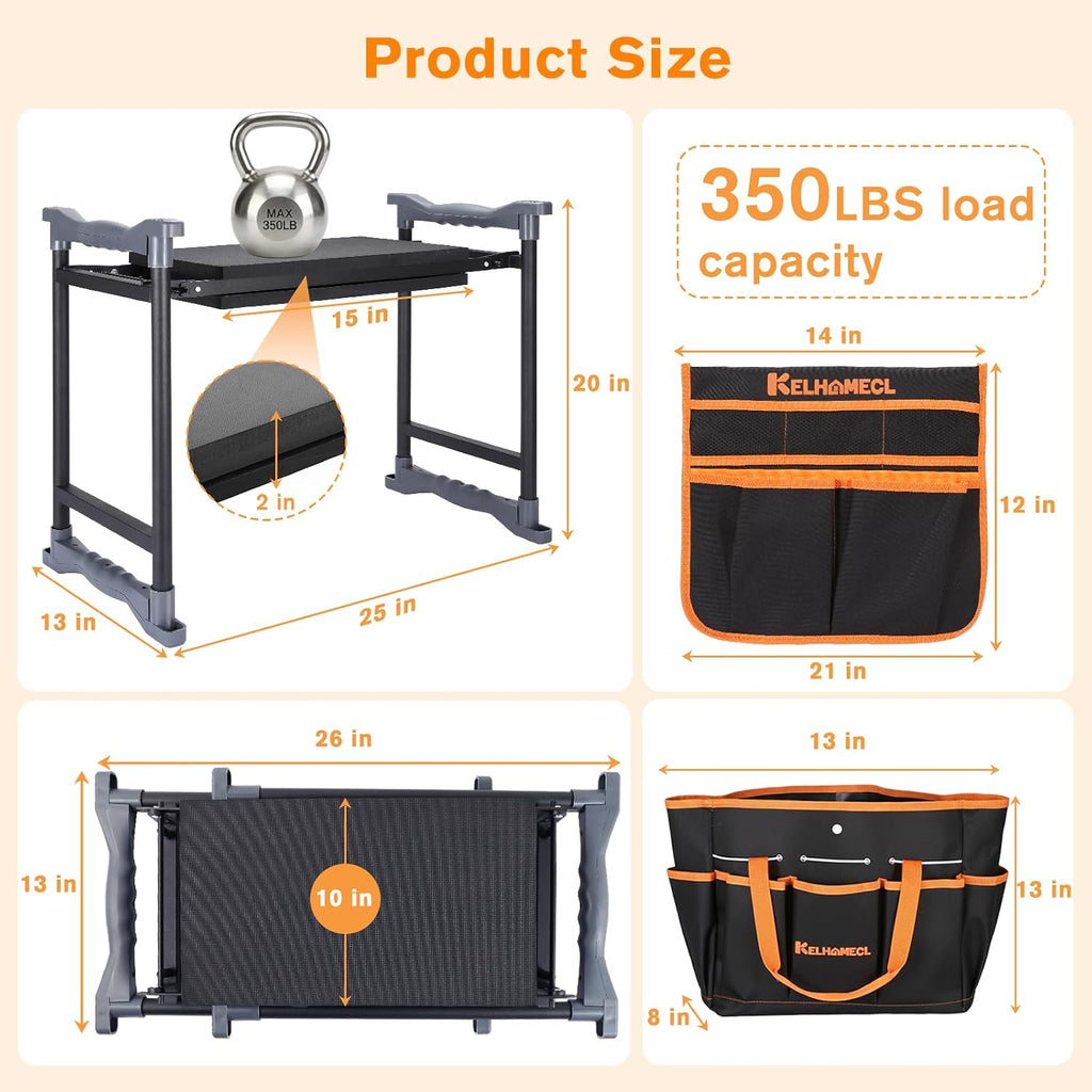 Garden Kneeler and Seat, Extra Wide Thick EVA Pad, Heavy Duty Foldable Garden Bench Holds 350lbs, Ergonomic Kneeling