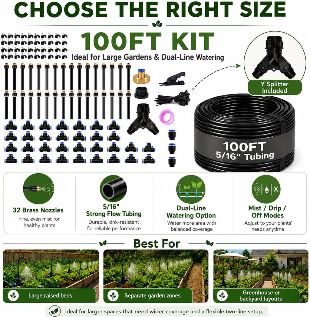 100FT 5/16" Garden Watering Kit with 32 Brass Nozzles & Y Splitter | 32 brass nozzles, 5/16" tubing, brass faucet