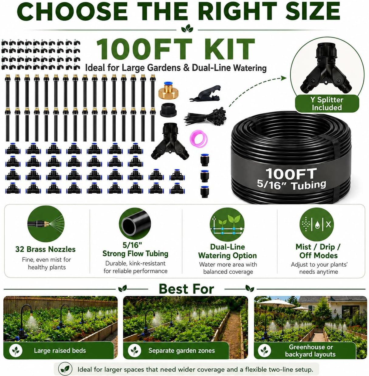 100FT 5/16" Garden Watering Kit with 32 Brass Nozzles & Y Splitter | 32 brass nozzles, 5/16" tubing, brass faucet